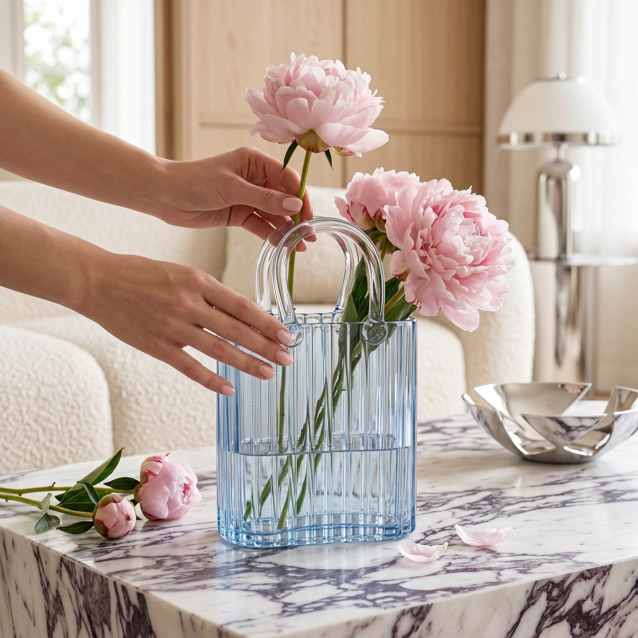 Vase Forme Sac Verre Bleu Côtelé Bleu Sidi Bou Saïd Tunisie | Fiolla Home