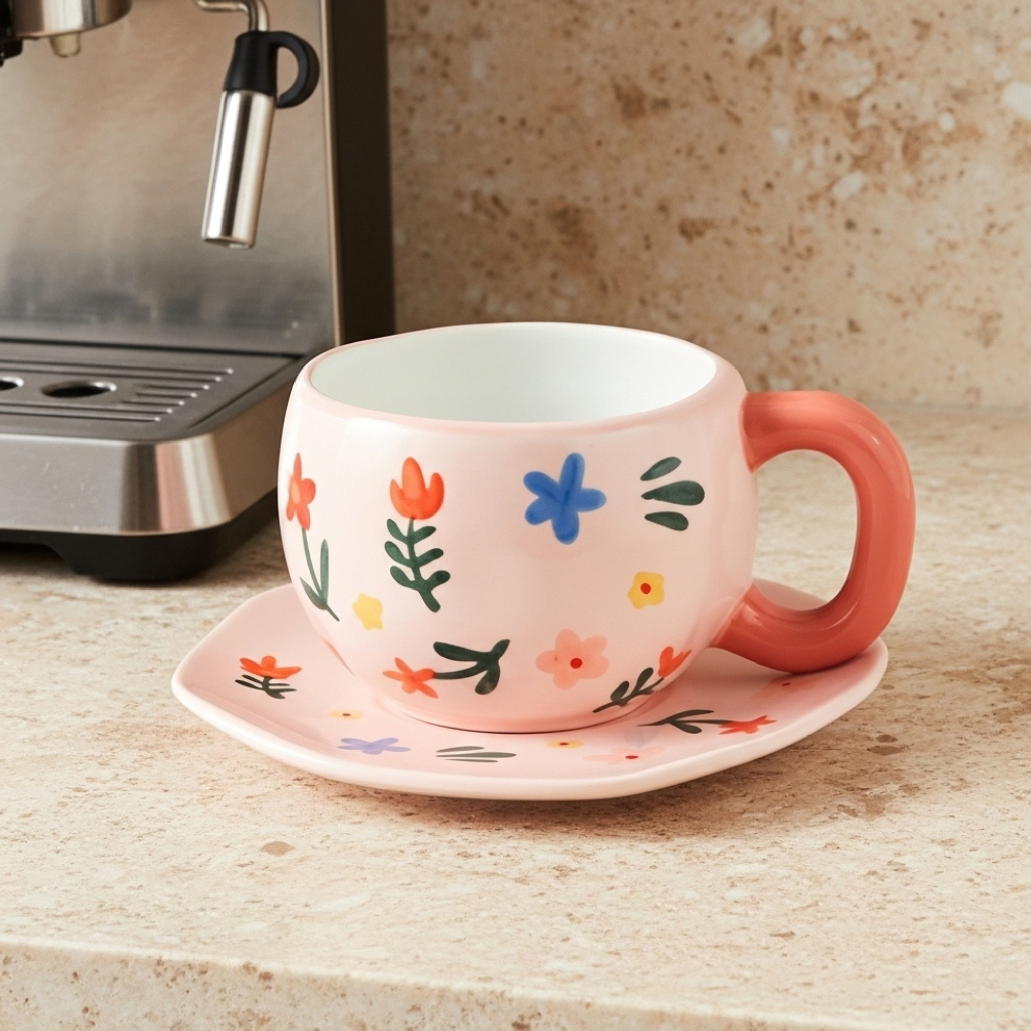 Tasse Fleurie Rose – Céramique Élégante avec Soucoupe Fiolla Home