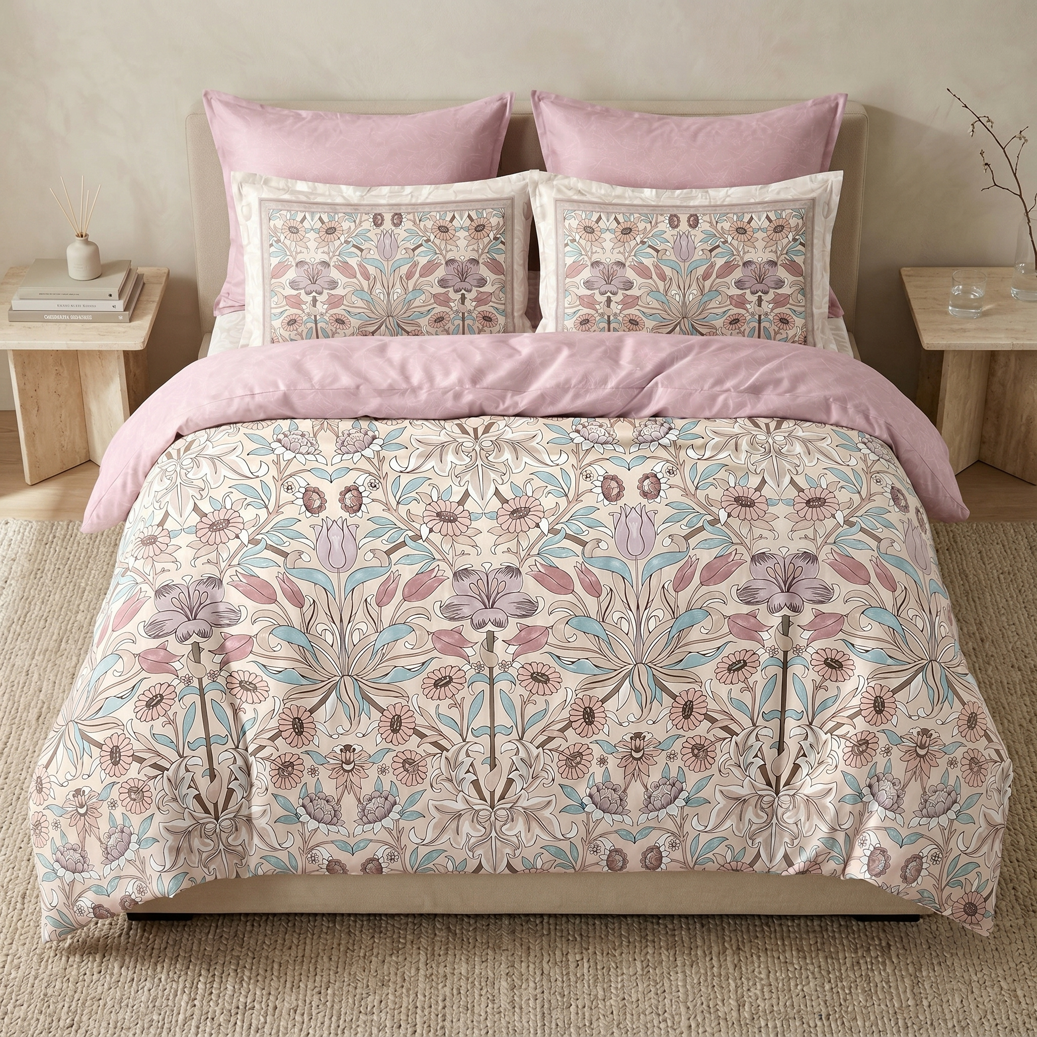 Ensemble Parure de Lit Satin Coton Motif Floral Vintage Rose | Fiolla Home
