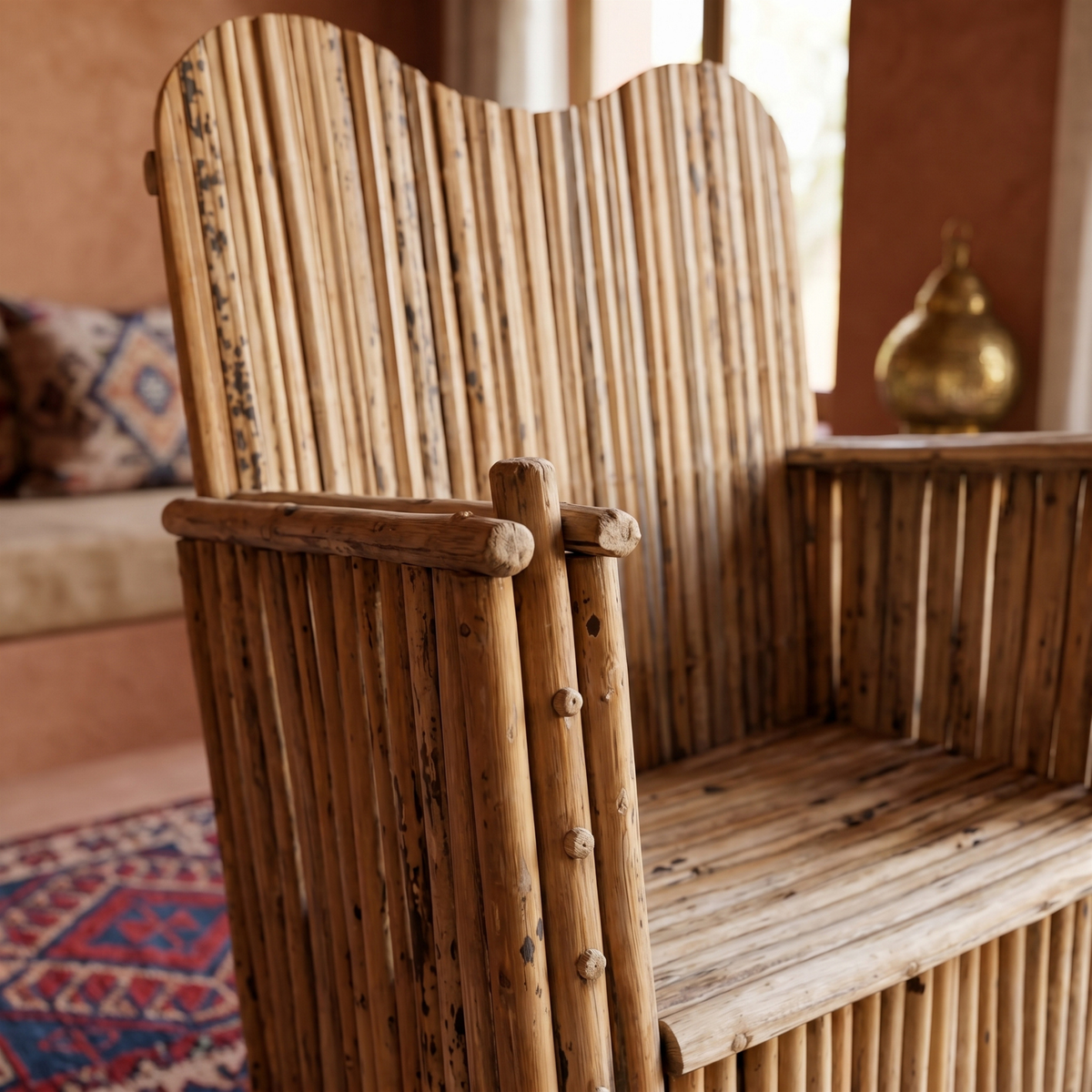 Fauteuil Trône Bois Palmier Dattier Dossier Haut Tunisie | Fiolla Home