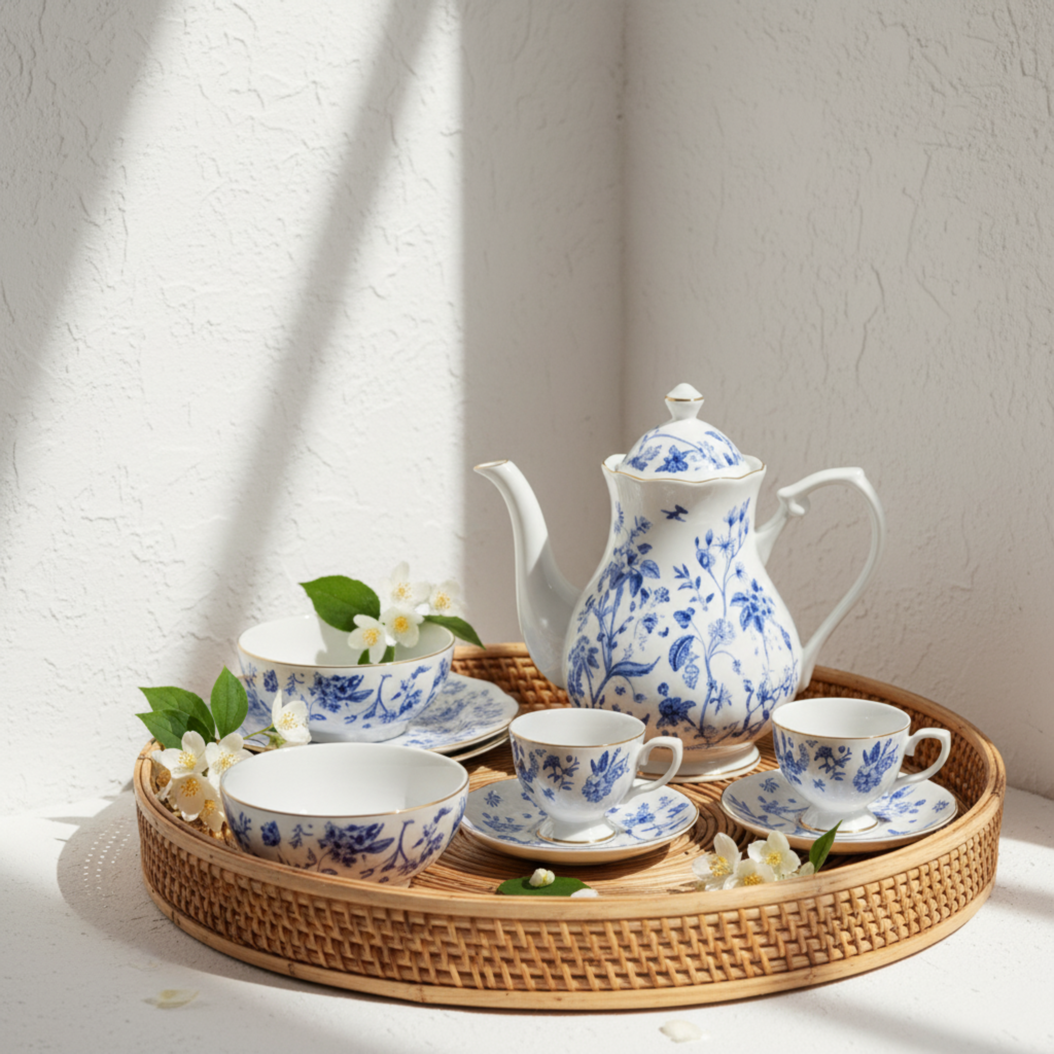 Service Petit Déjeuner 29 Pièces – Porcelaine Bleue & Dorure