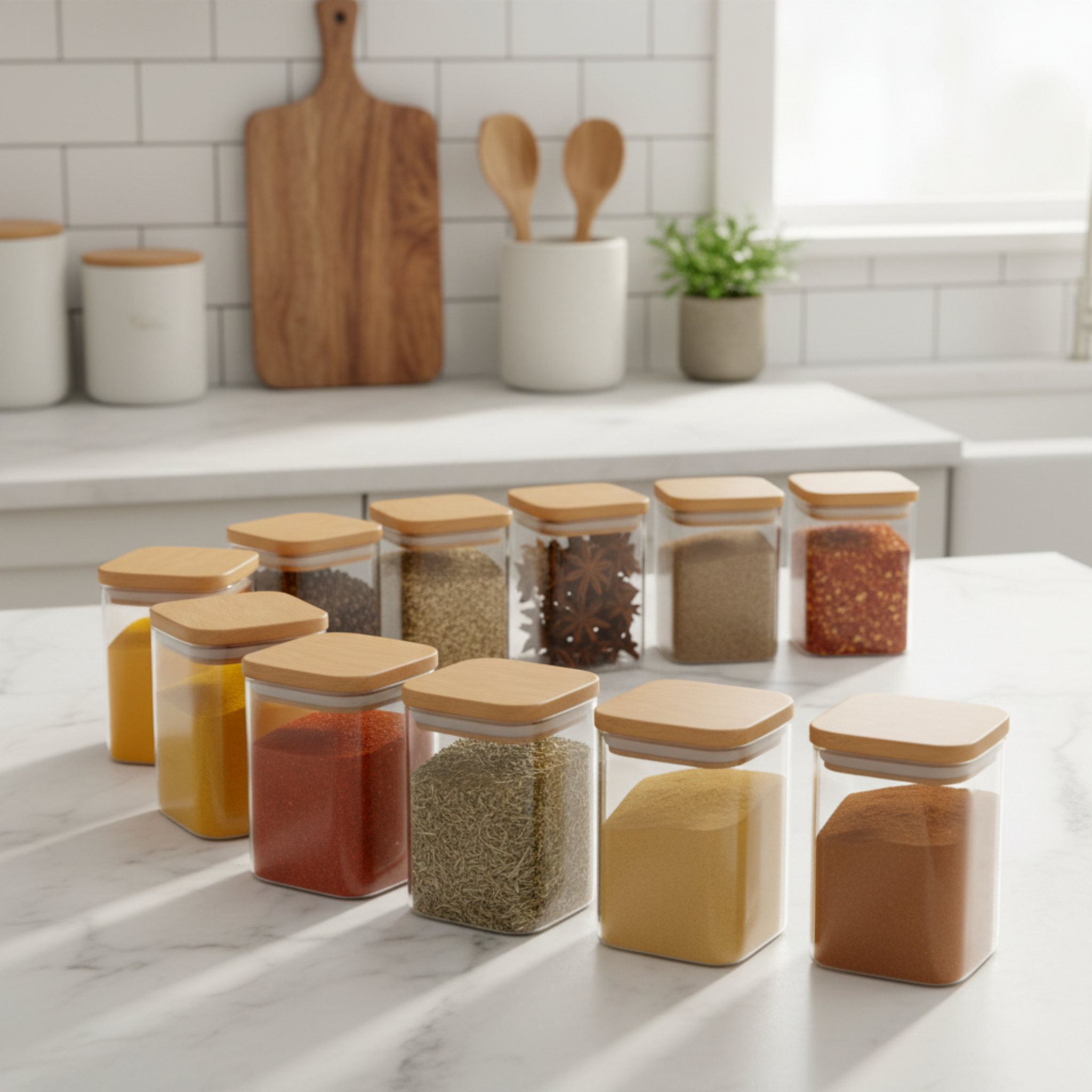 Set 12 Pots Épices Verre & Bambou – Rangement Cuisine Design