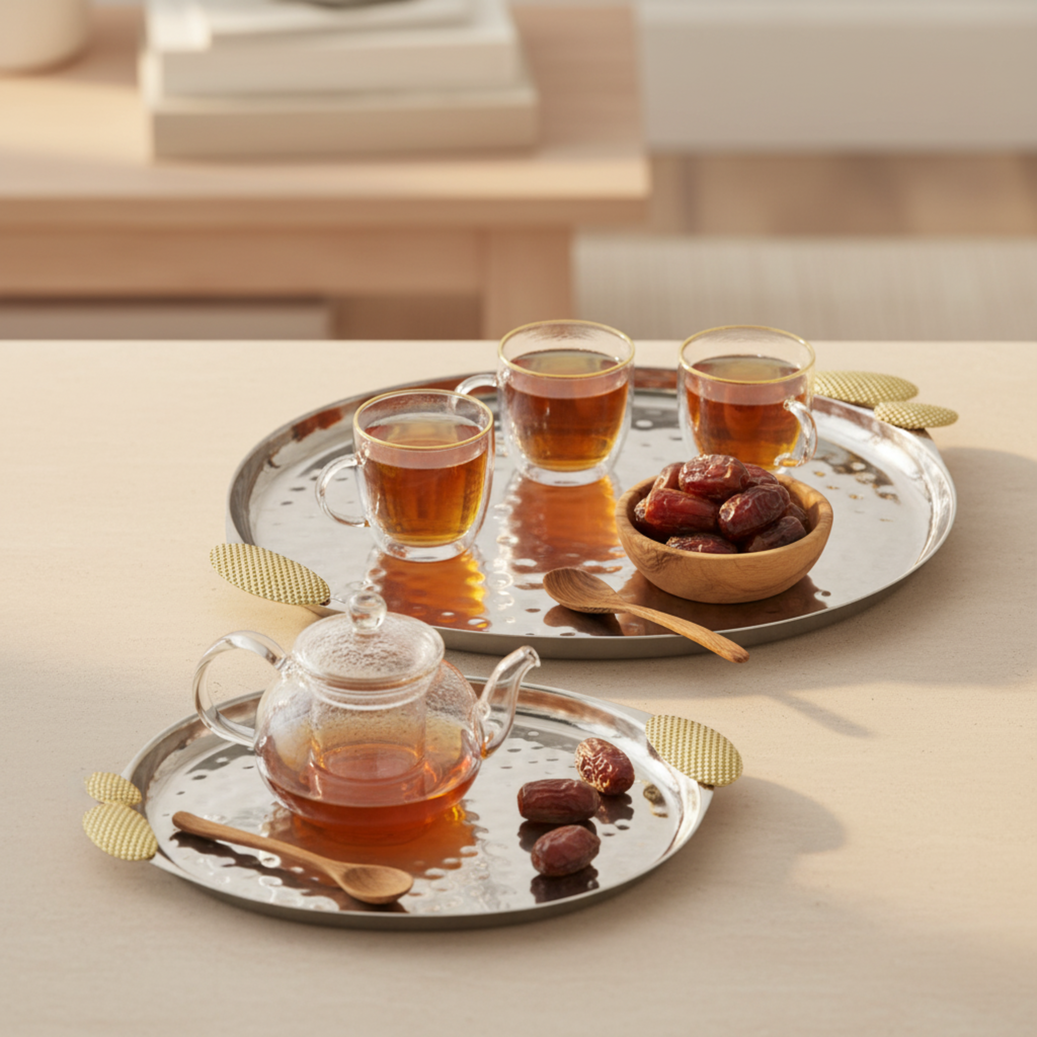 Duo de Plateaux de Service en Cuivre Indien - Qualité Premium (Argent & Or)