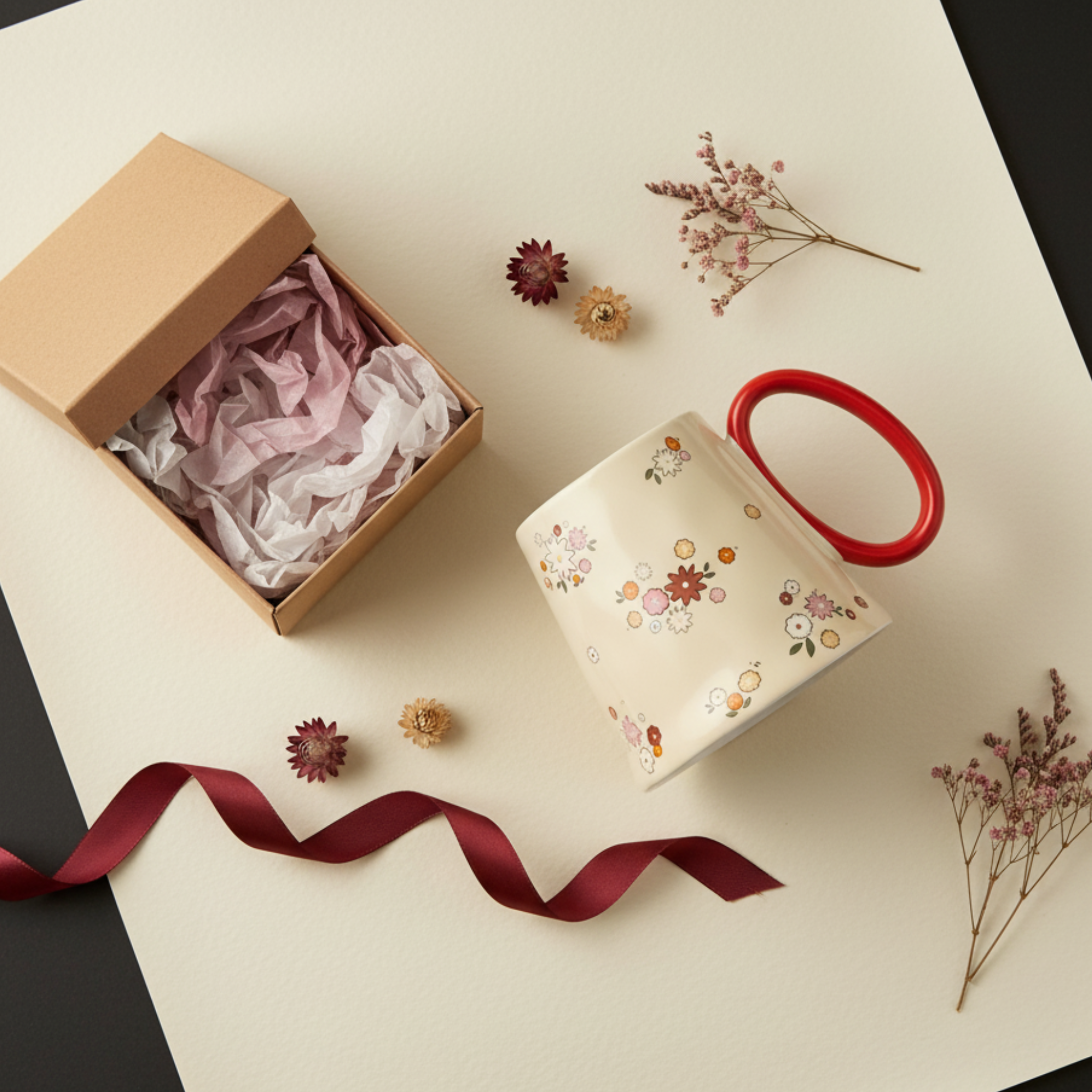 Mug fleuri en céramique – Anse rouge | Fiolla Home