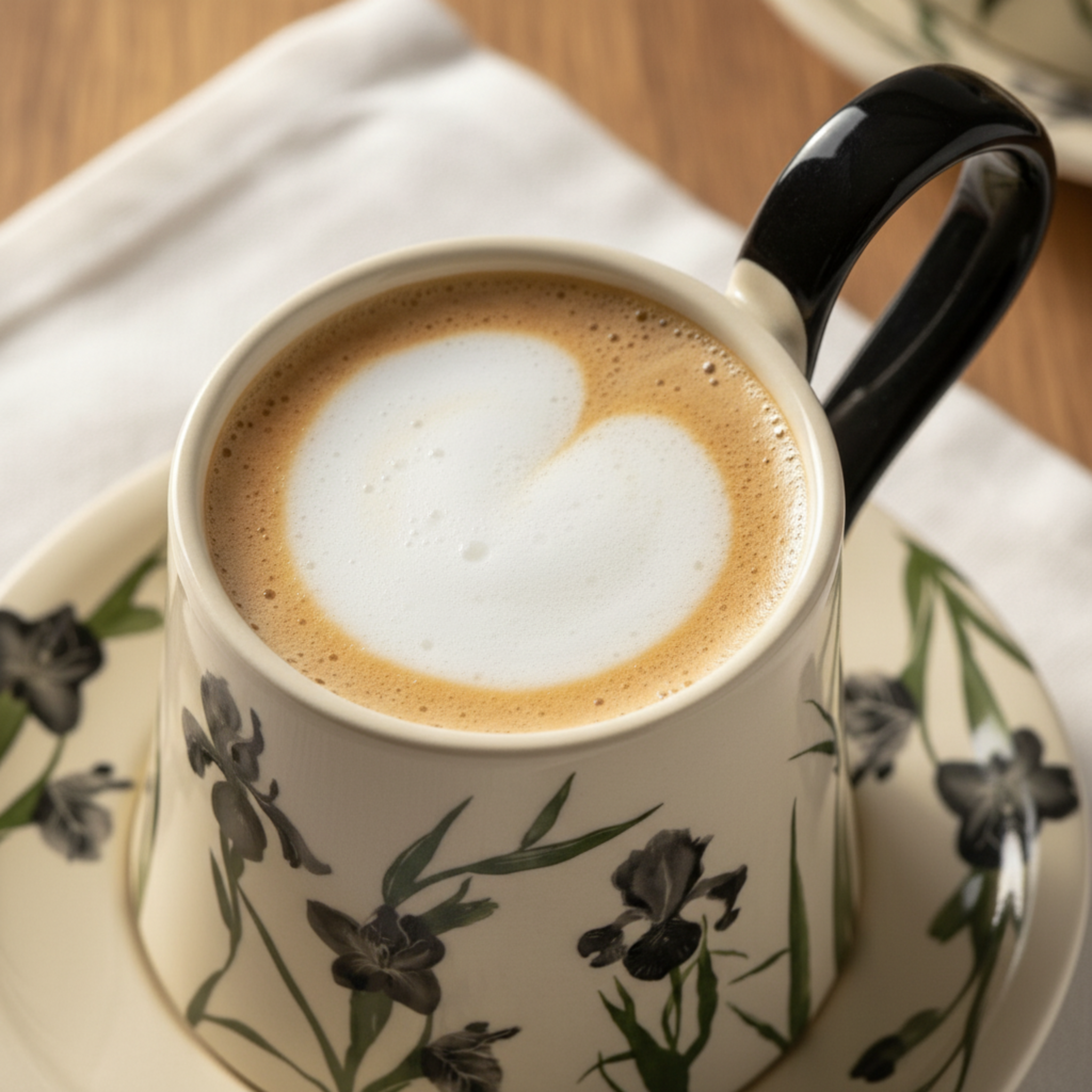 Mug Iris Noir en Céramique avec Sous-Tasse – Élégance Moderne