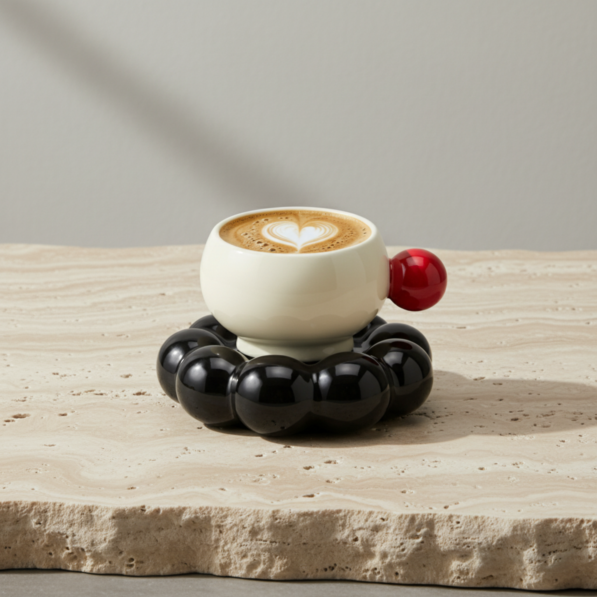 Tasse Design "Bubble" Céramique – Soucoupe Noire & Anse Rouge