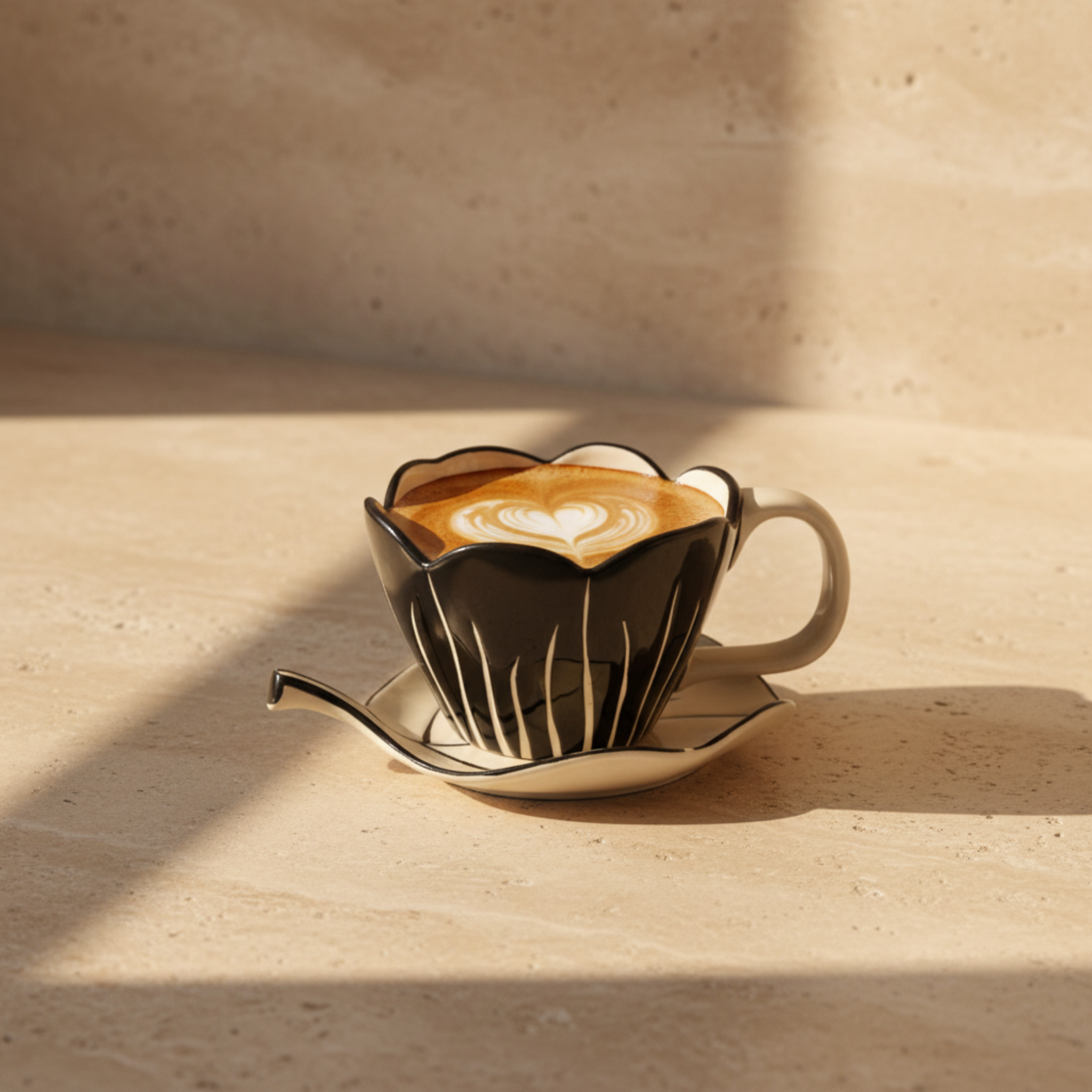 Mug Fleur Noir en Céramique avec Sous-Tasse – Élégance Premium