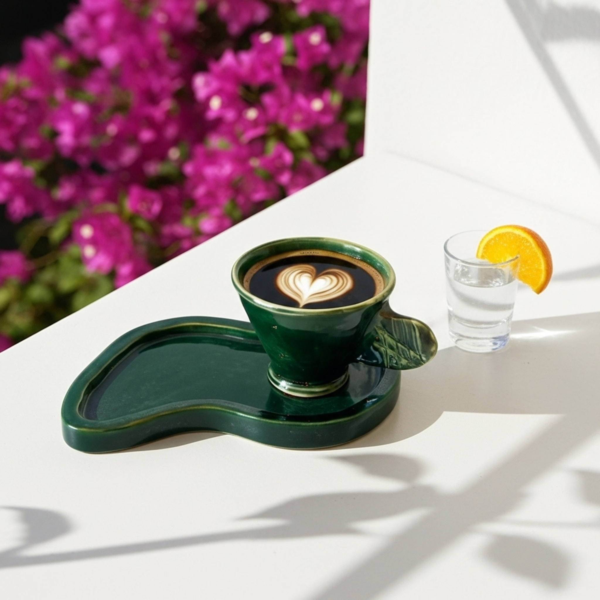 Tasse Espresso + Plateau Vert Feuille – Céramique Artisanale Tunisie