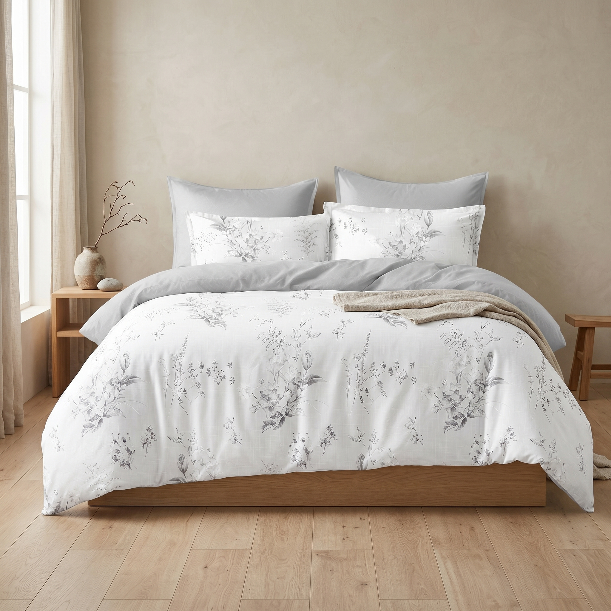 Ensemble Parure de Lit Satin Coton Motif Floral Blanc Gris | Fiolla Home