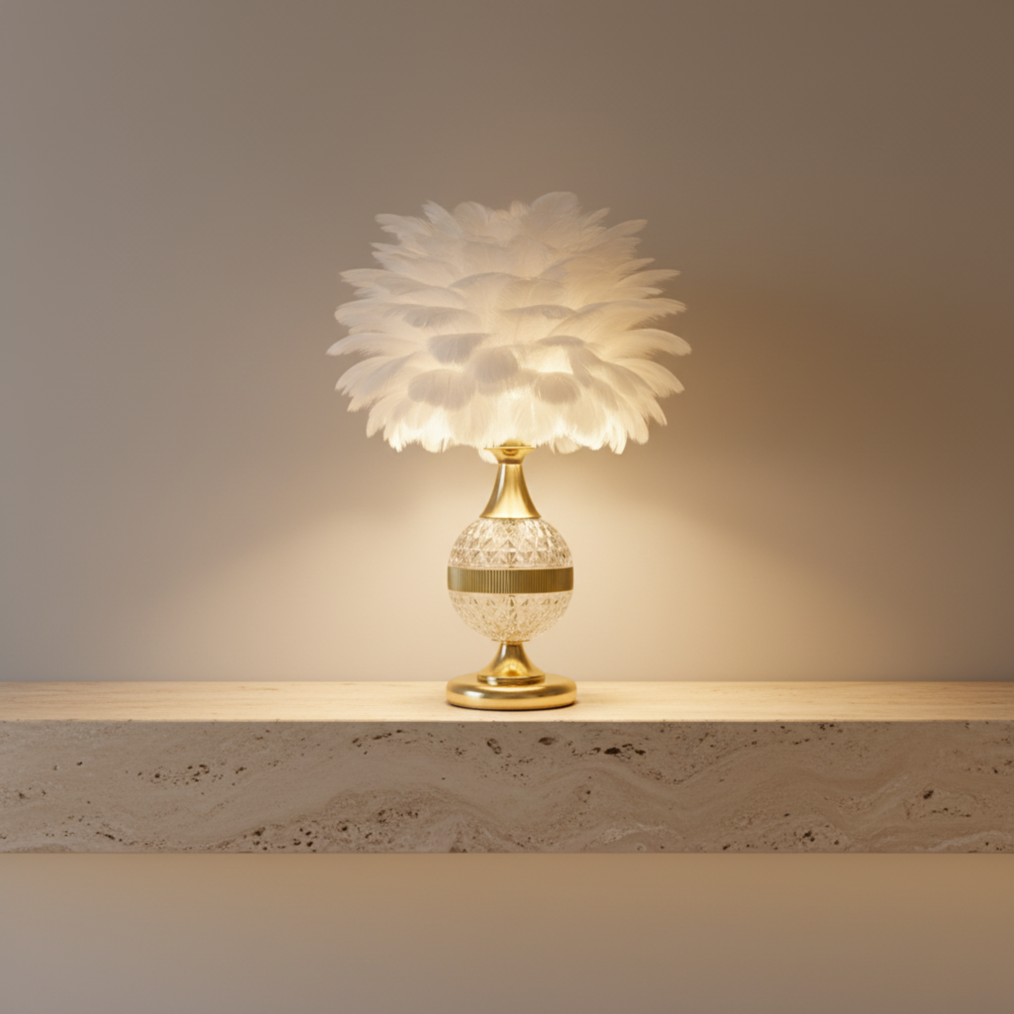 Lampe de Chevet à Plumes Blanches – Veilleuse Élégante Dorée Tunisie | Fiolla Home