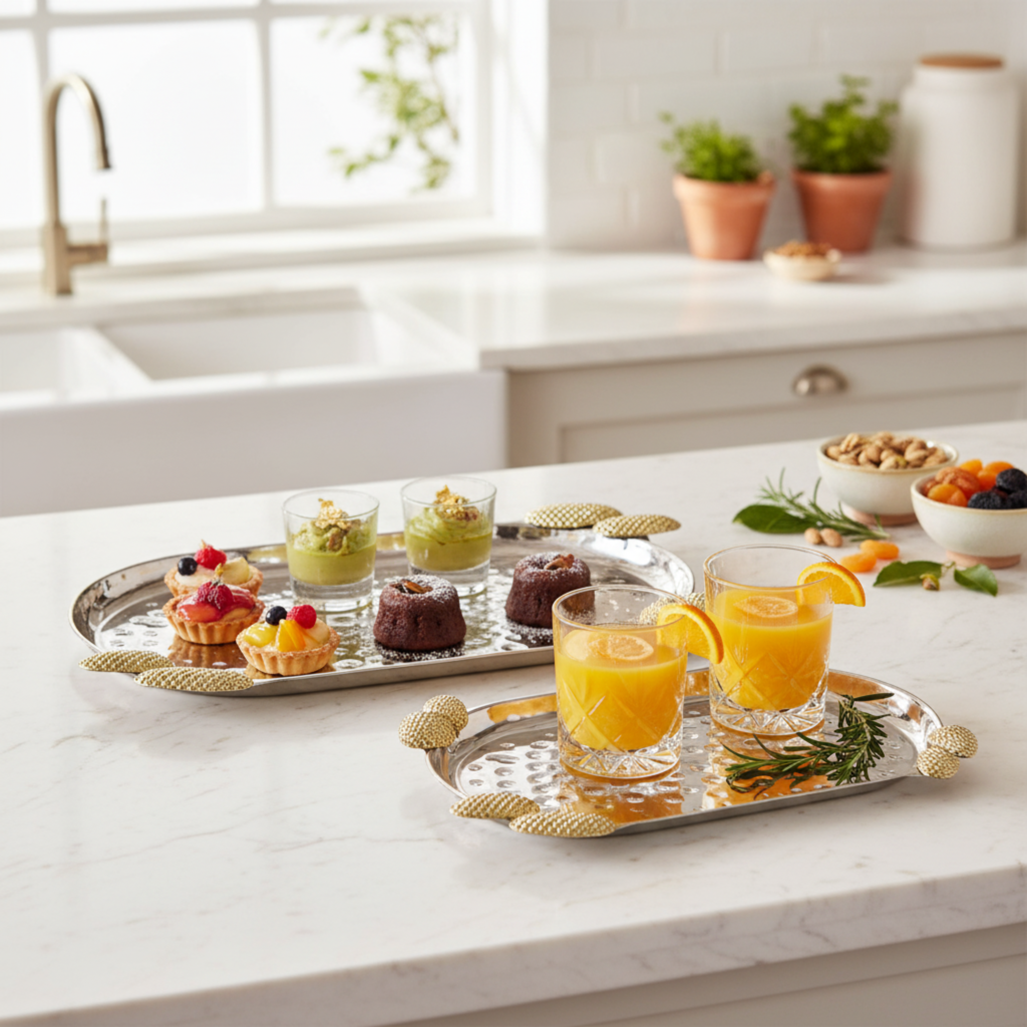 Duo de Plateaux de Service en Cuivre Indien Premium - Argent & Or