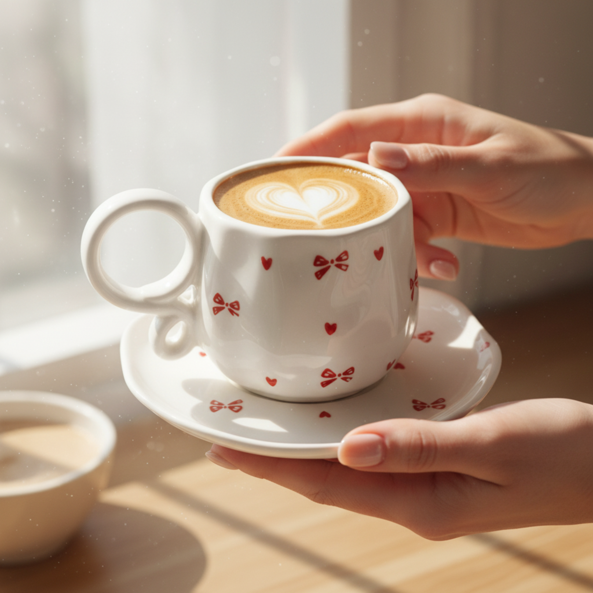 Tasse à Café Design Nœud Rouge & Soucoupe – Céramique Chic