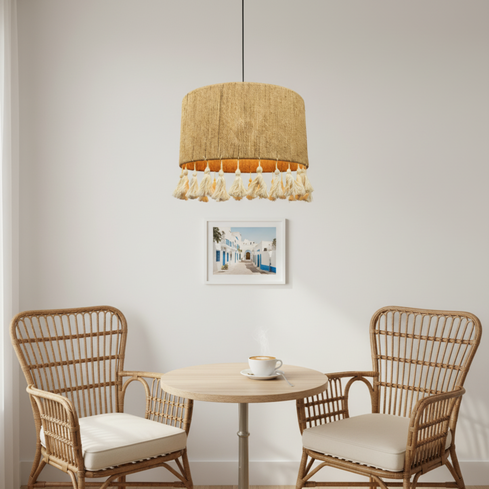Suspension "Lella" – Lustre Tambour Large en Jute Tressé et Pompons