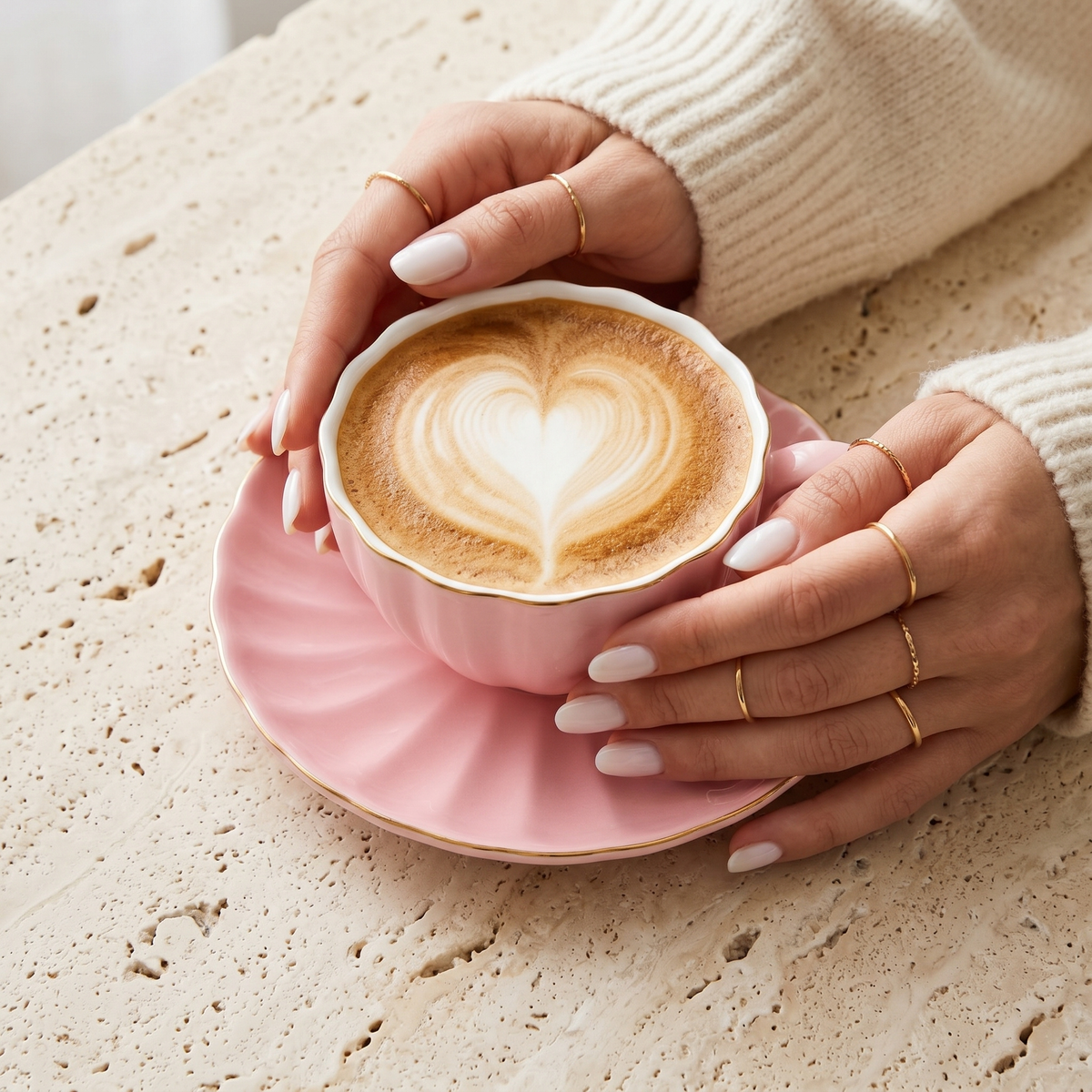 Tasse à Café Rose & Soucoupe Dorée | Porcelaine Premium | Fiolla Home