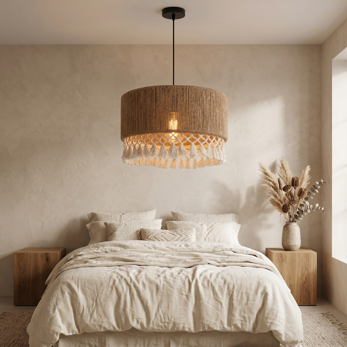 Suspension Jute Macramé Tunisie | Lustre Bohème à Pompons | Fiolla Home