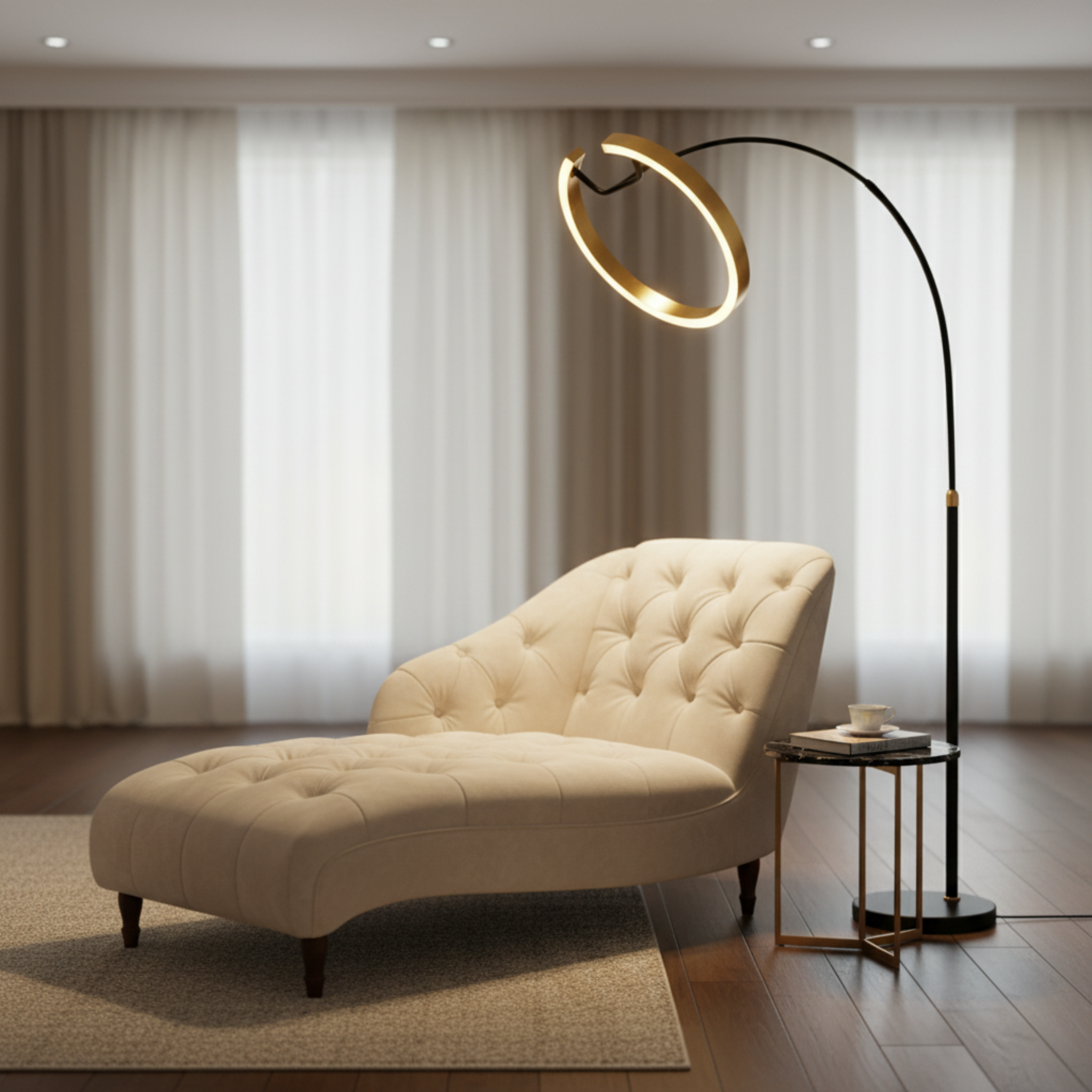Lampadaire LED Anneau Doré Design Moderne – Éclairage Élégant