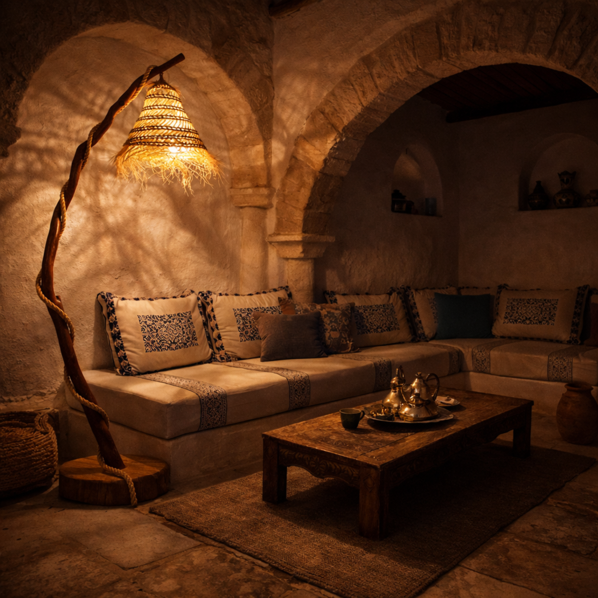 Lampadaire Bois Flotté & Corde Style Bohème - Déco Salon Tunisie