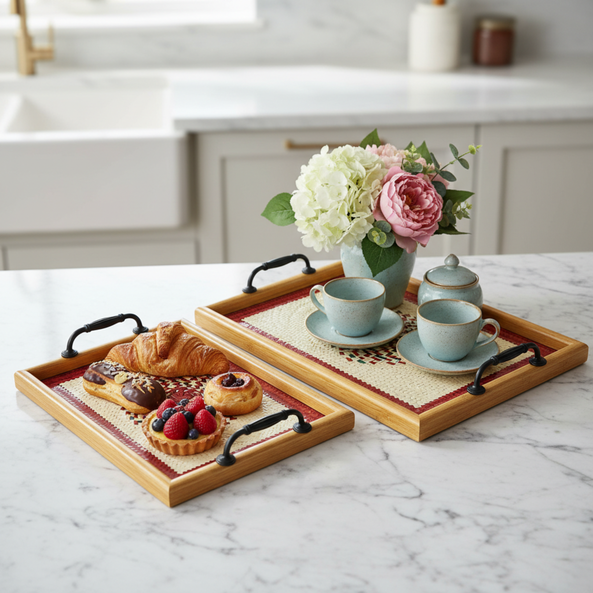 Lot de 2 Plateaux de Service Bois & Design Artisanal – Élégance Tunisienne