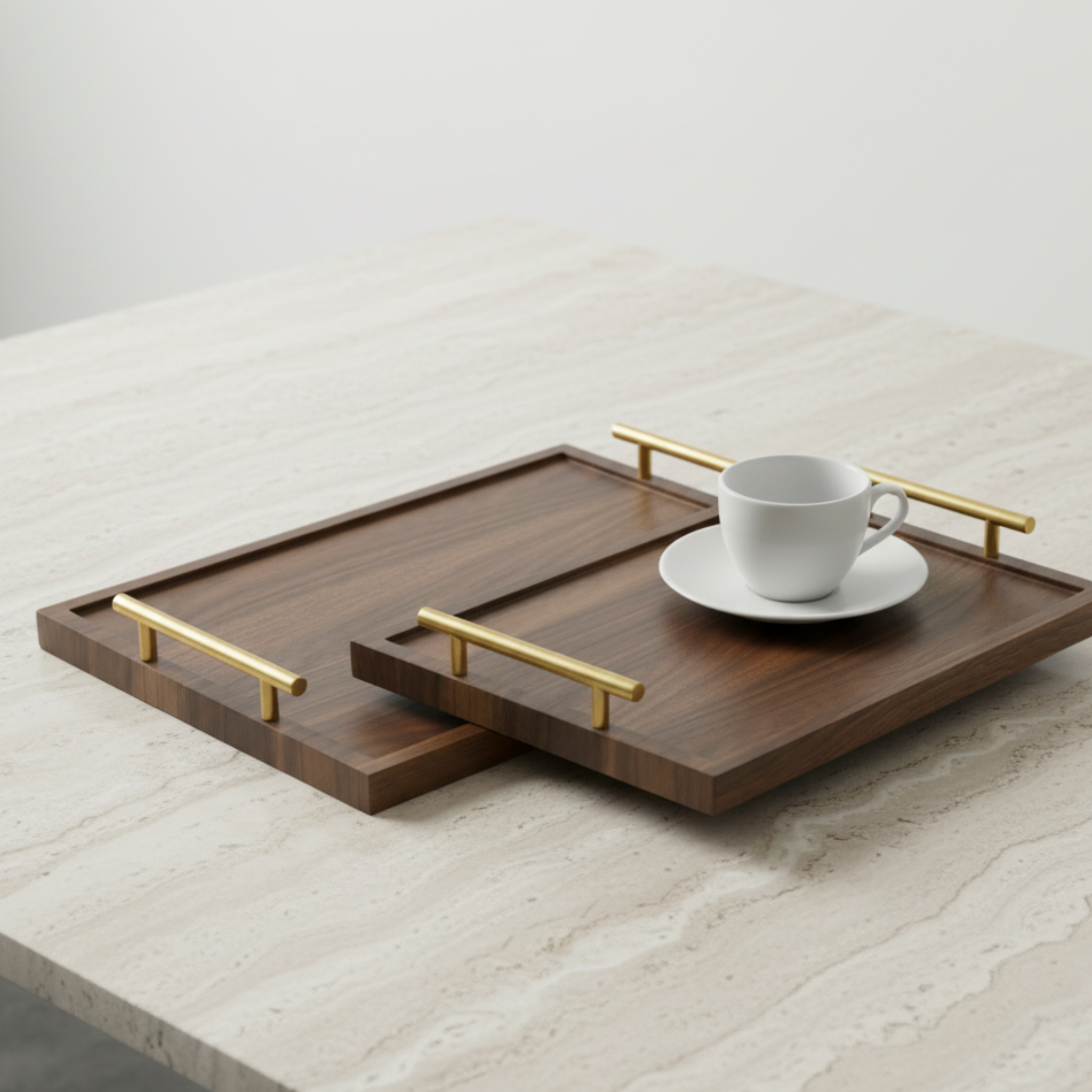 Plateaux en Bois de Noyer (Lot de 2) | Poignées Dorées | Fiolla Home