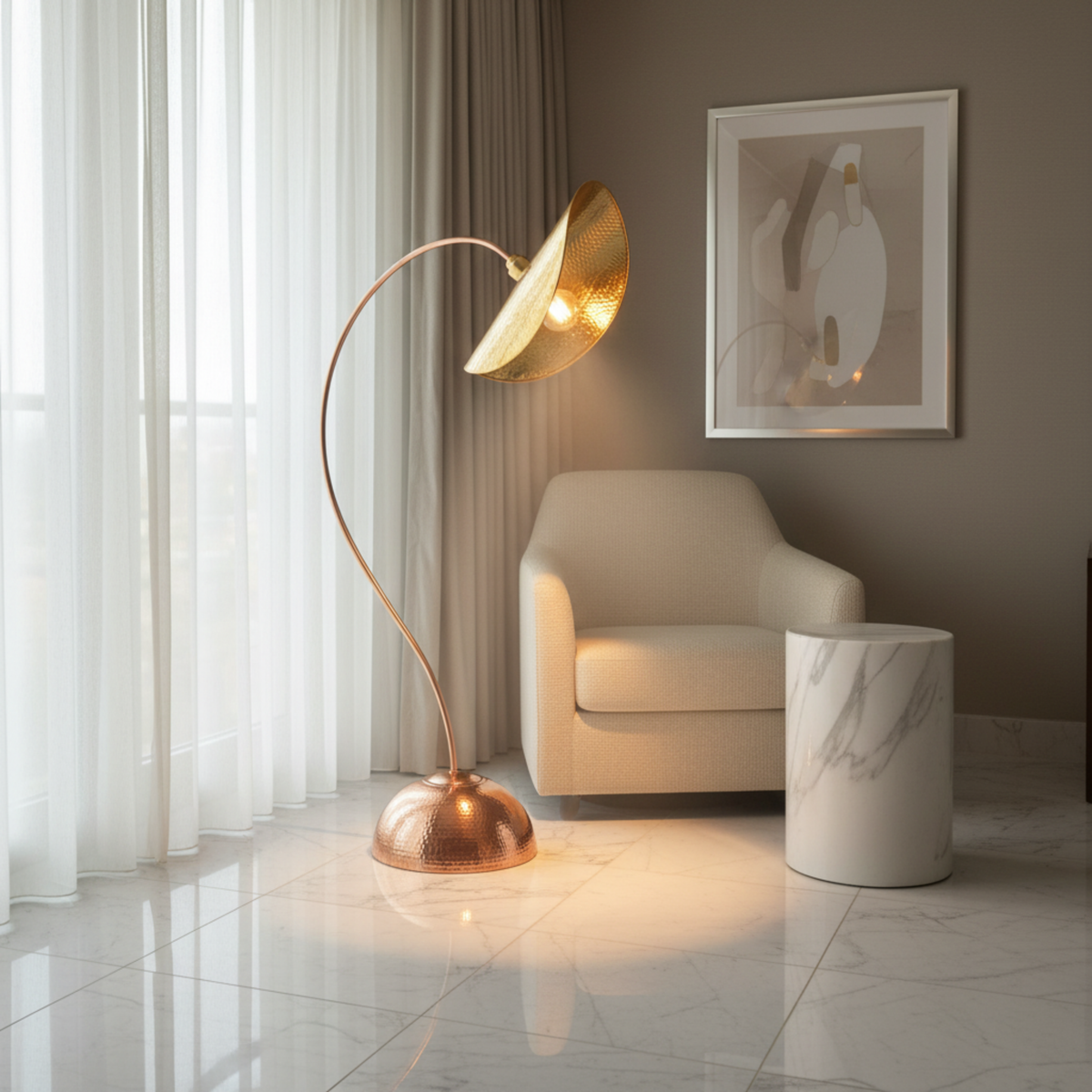 Lampadaire Arc Cuivre Martelé Fait Main Artisanal | Fiolla Home