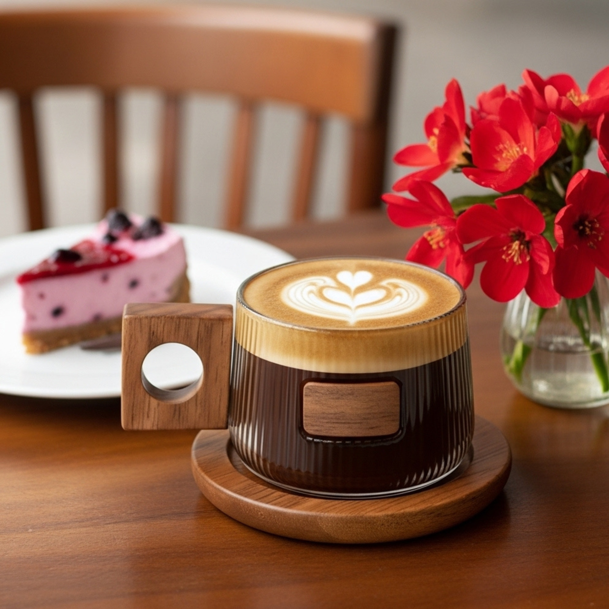 Tasse en verre nervuré avec anse bois & soucoupe – Style moderne