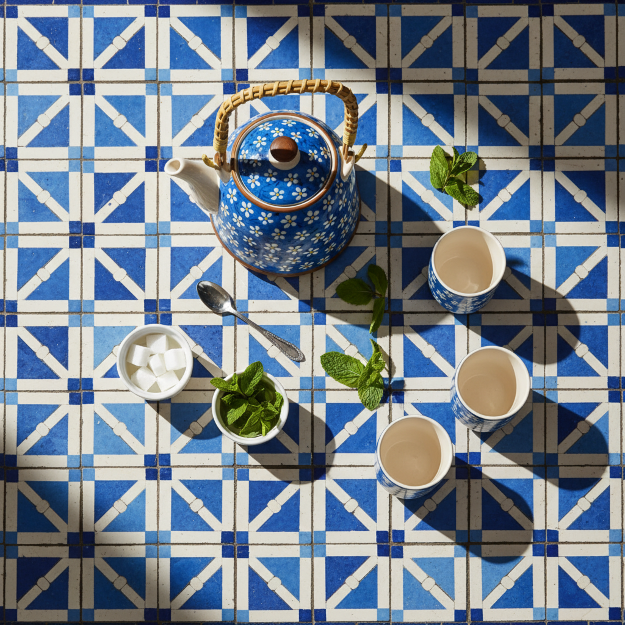 Service à Thé Bleu à Fleurs – Céramique 7 pièces Tunisie