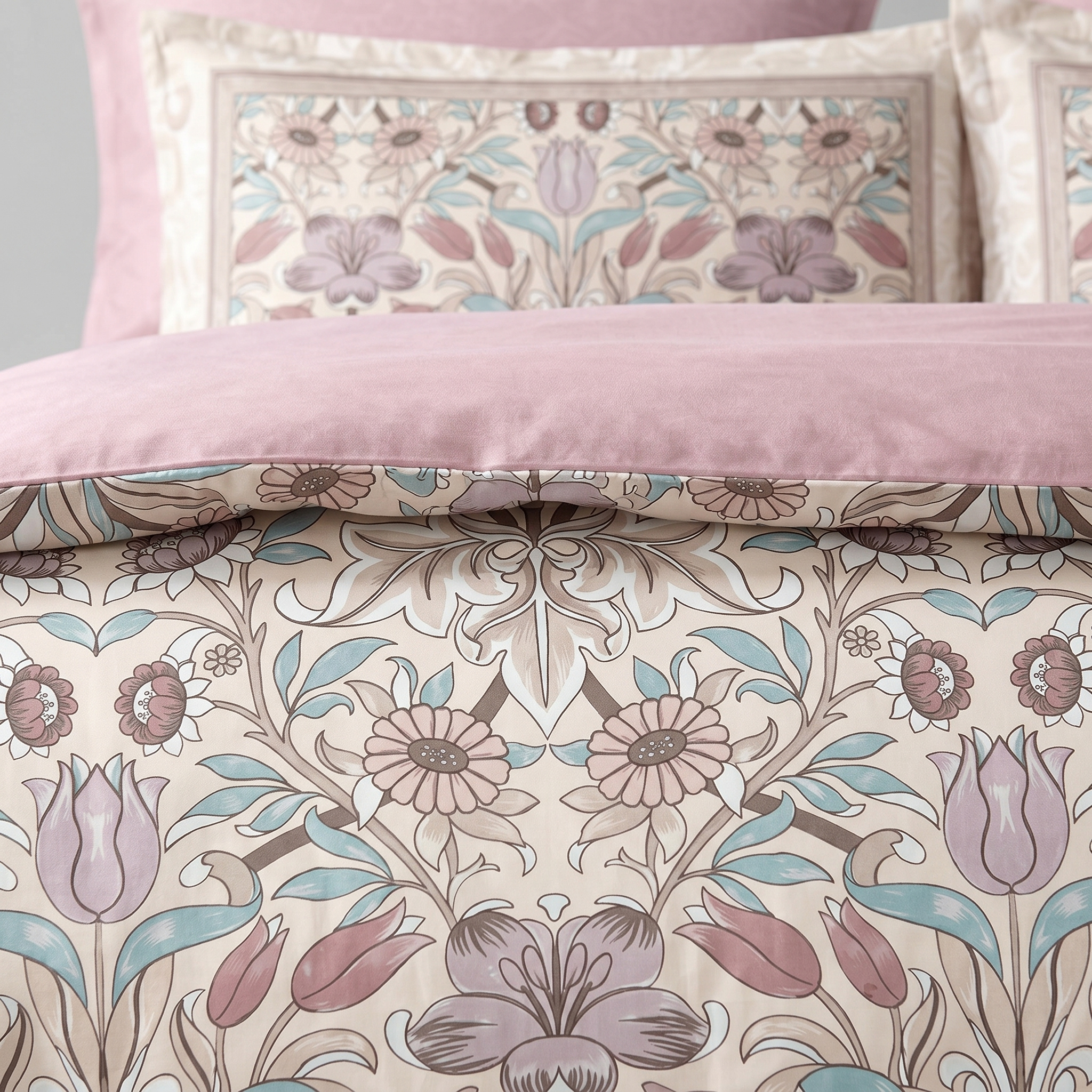 Ensemble Parure de Lit Satin Coton Motif Floral Vintage Rose | Fiolla Home