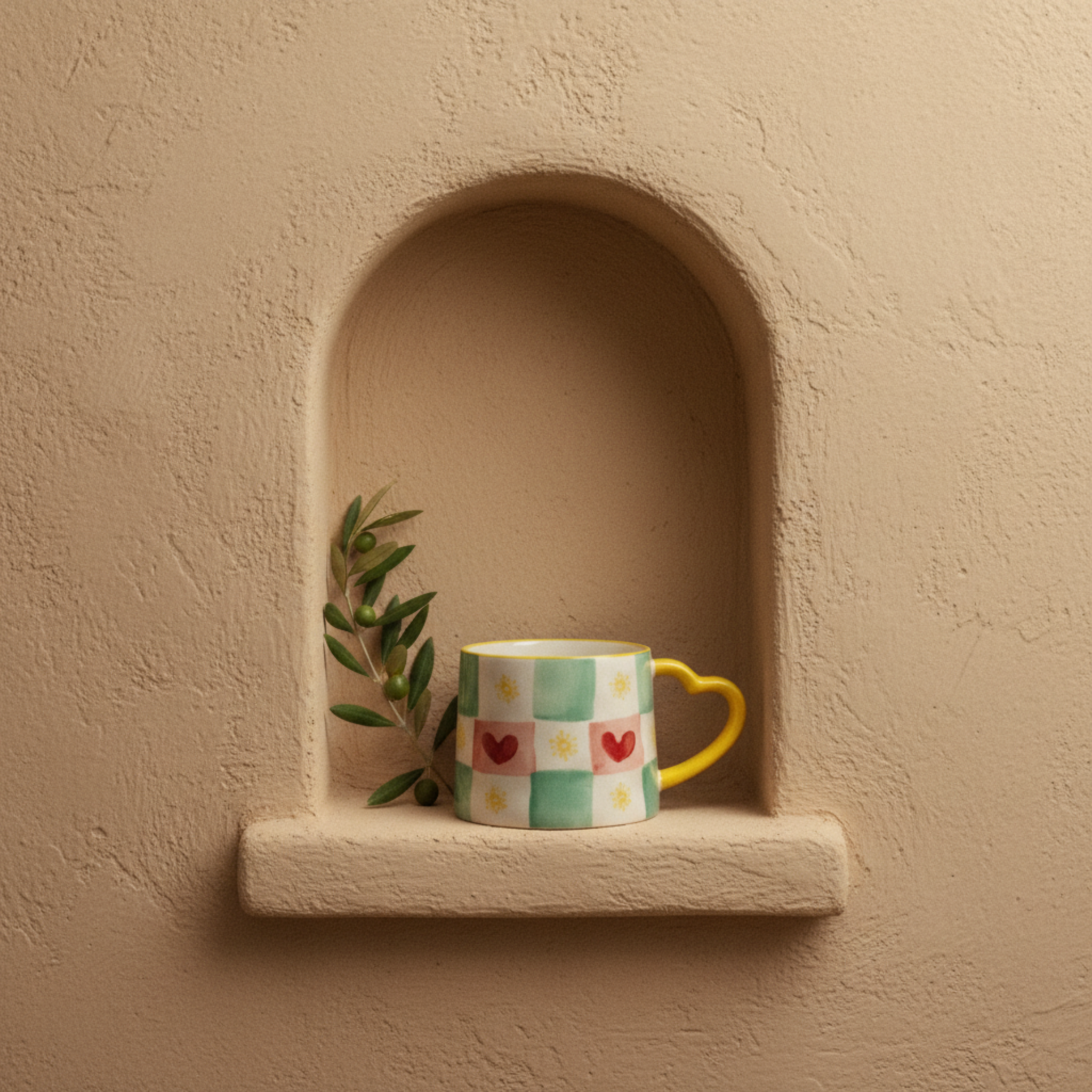 Mug Damier Vert et Cœurs | Anse Jaune en Forme de Cœur