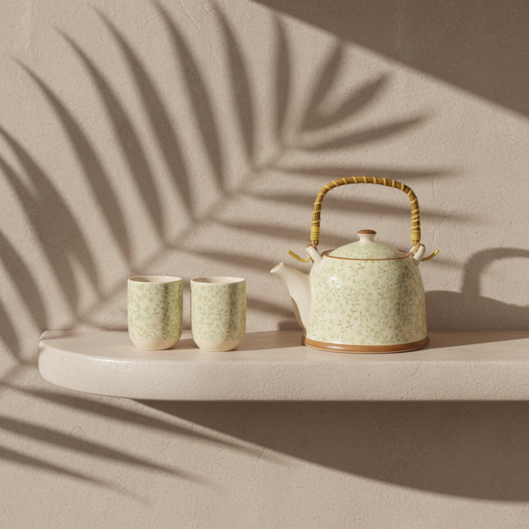 Service à Thé Crème Feuillage Vert – Céramique 7 pièces