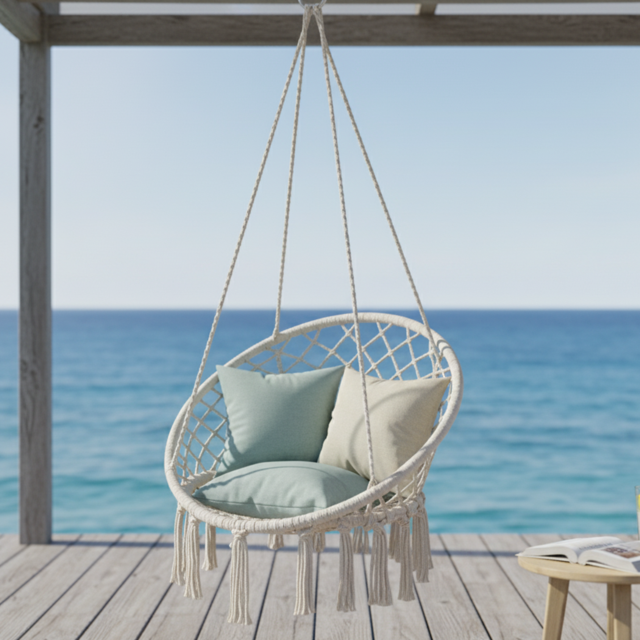 Balançoire Macramé Eugène 160cm - Style Bohème, Pour Extérieur, Métal Et Coton, Traitée époxy - Décoration Jardin, Terrasse