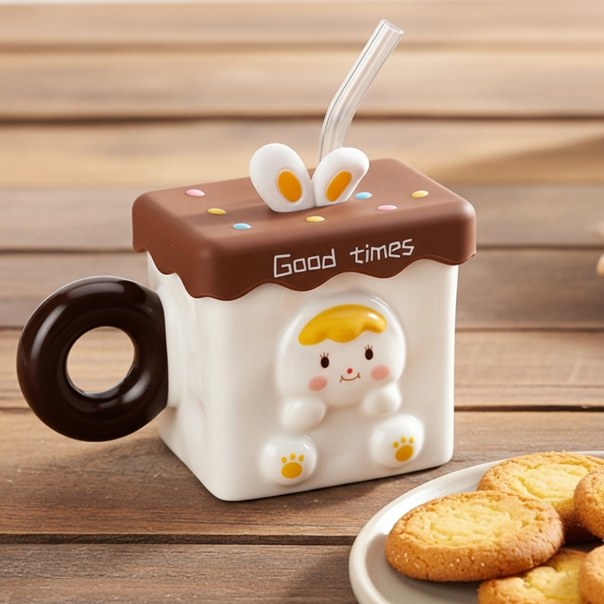 Mug carré “Good times” chocolat – Couvercle + paille | Fiolla Home