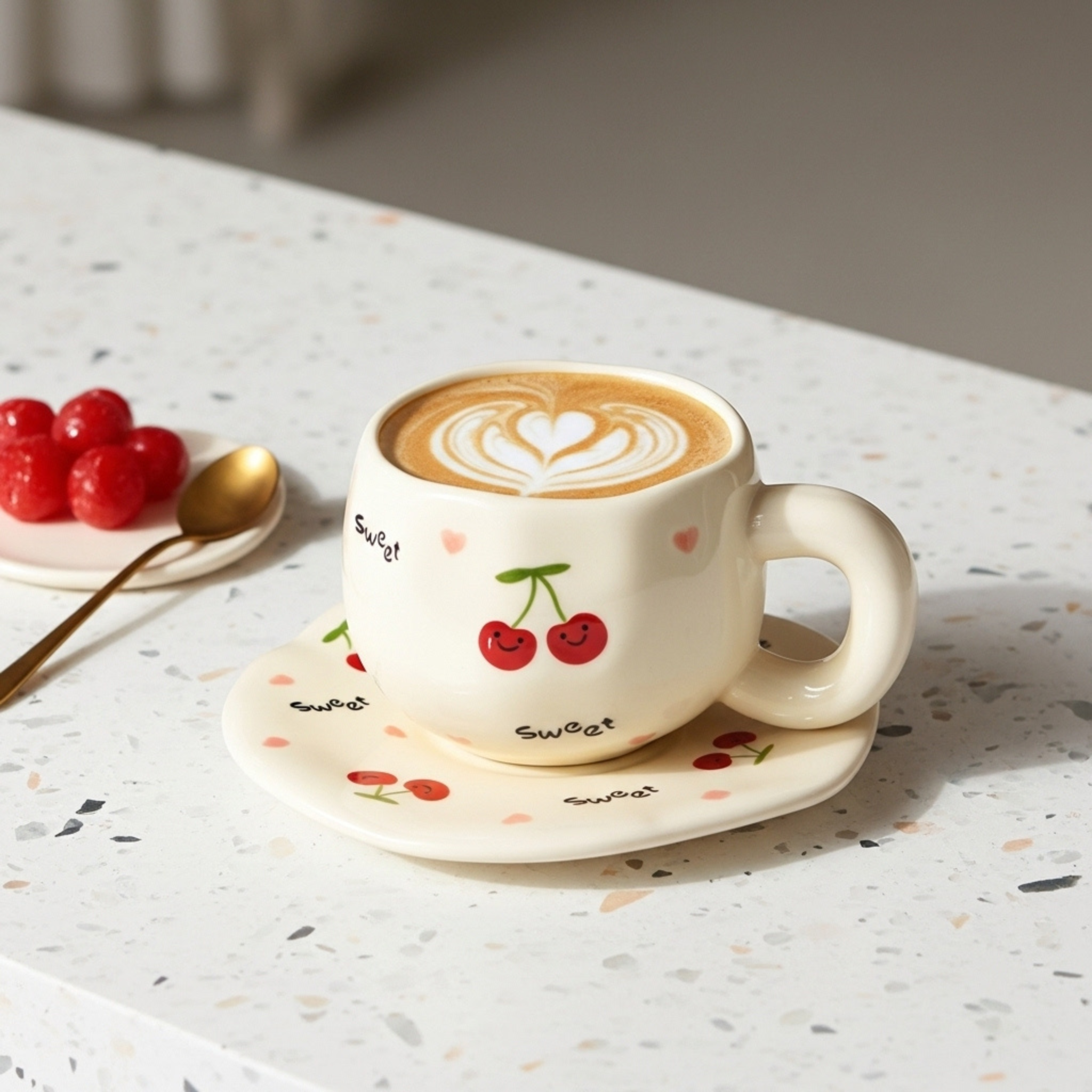 Mug Cerises Kawaii – Set Tasse & Sous-Tasse pour Café