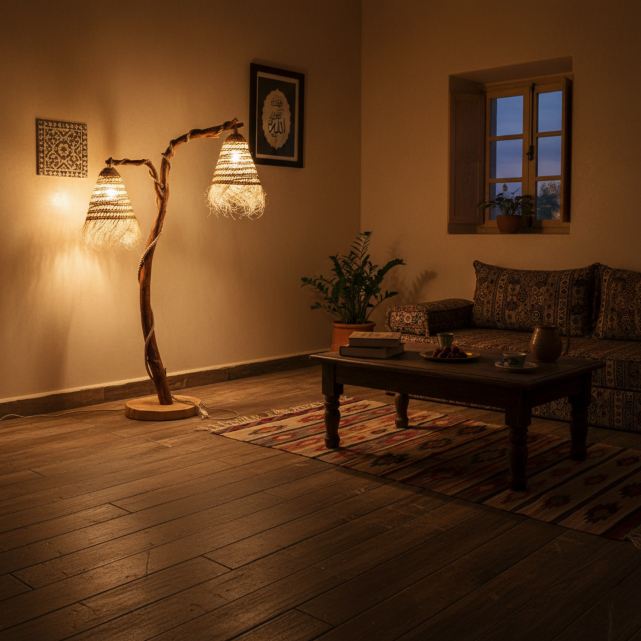 Lampadaire Artisanal en Bois Flotté et Fibres Naturelles – Design Unique