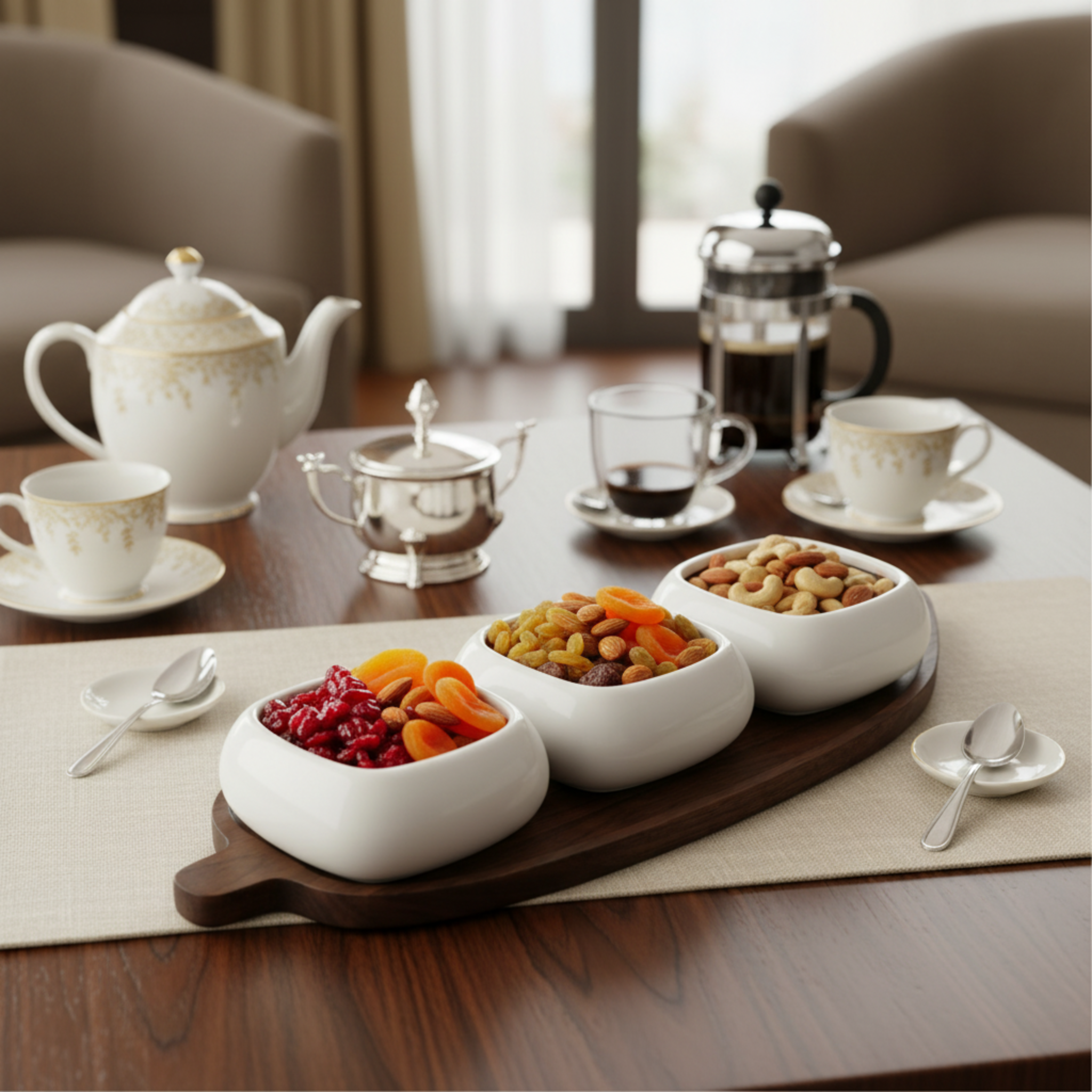 Service Apéritif Design : 3 Bols Céramique & Plateau Bois Ovale