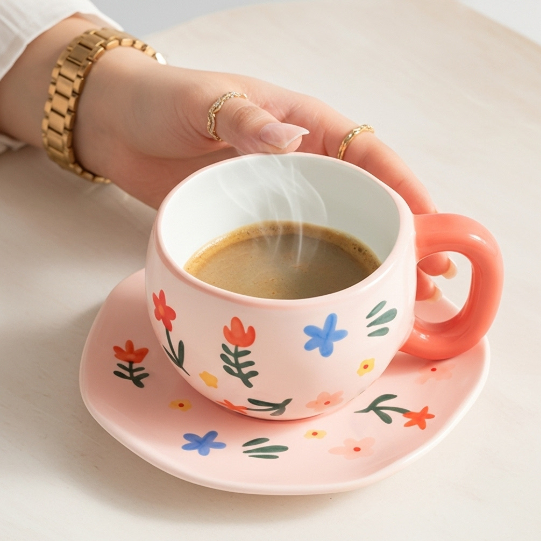 Tasse Fleurie Rose – Céramique Élégante avec Soucoupe Fiolla Home