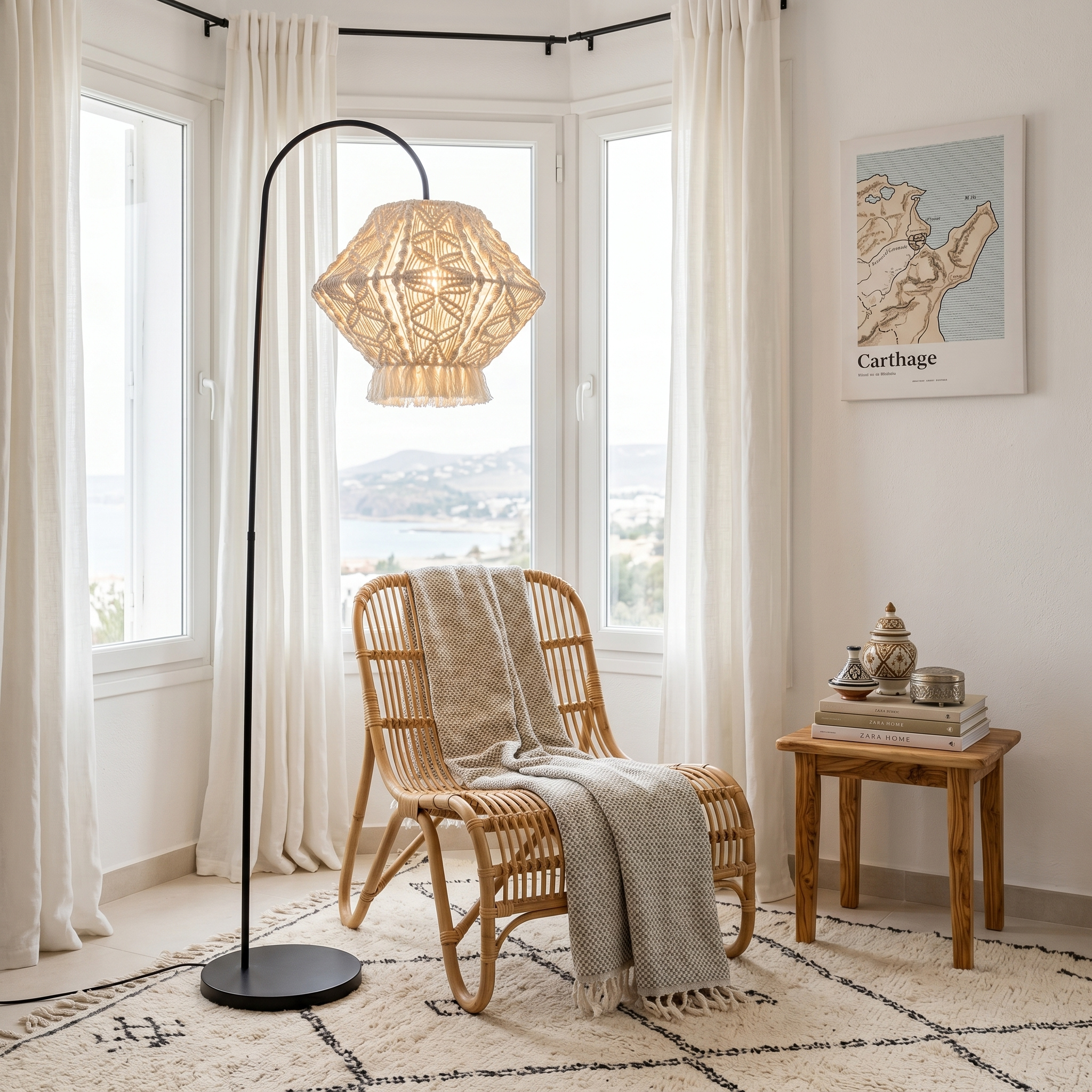Lampadaire Arc Macramé | Pied Noir Base Ronde | Fiolla Home