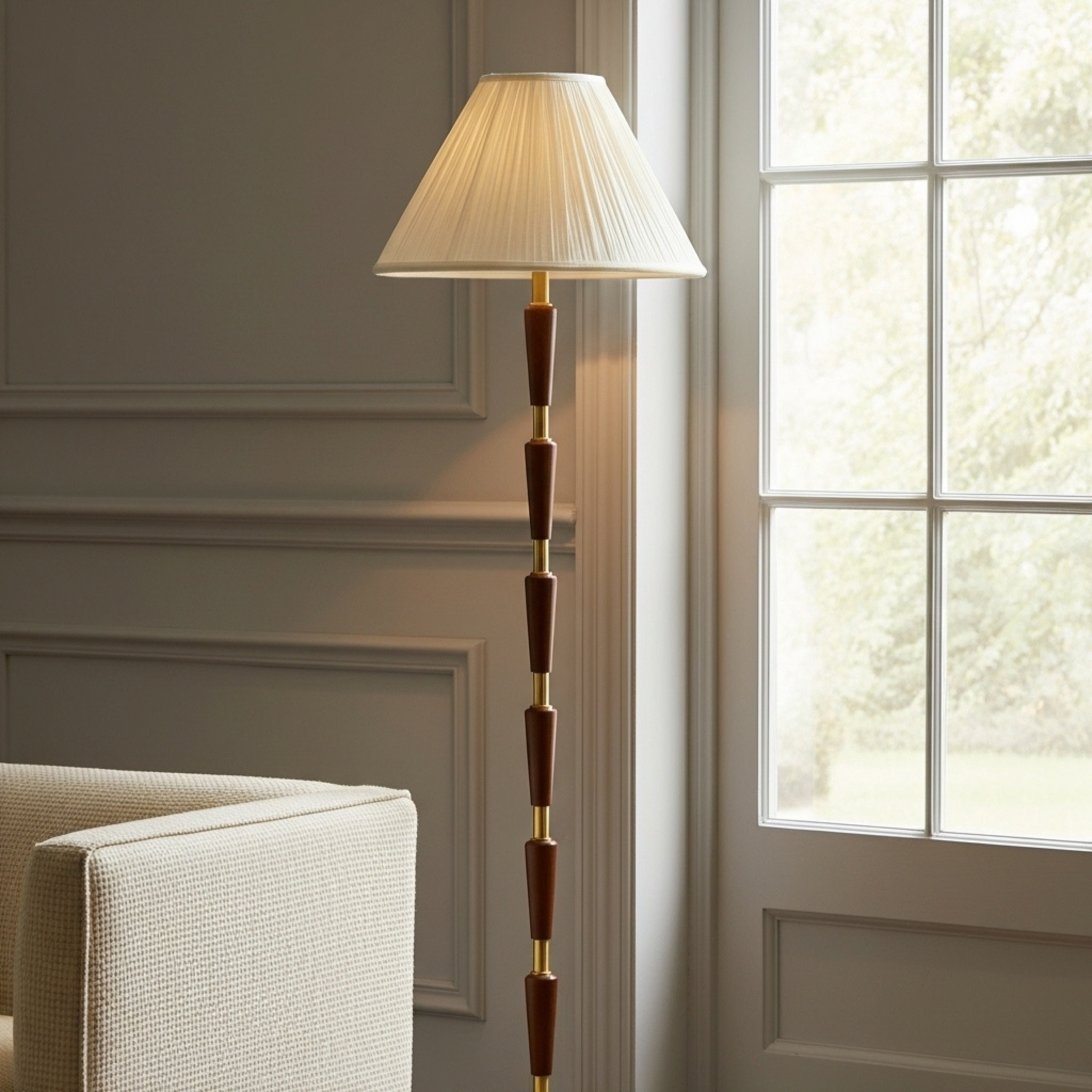Lampadaire Mid-Century — laiton & noyer, abat-jour plissé crème