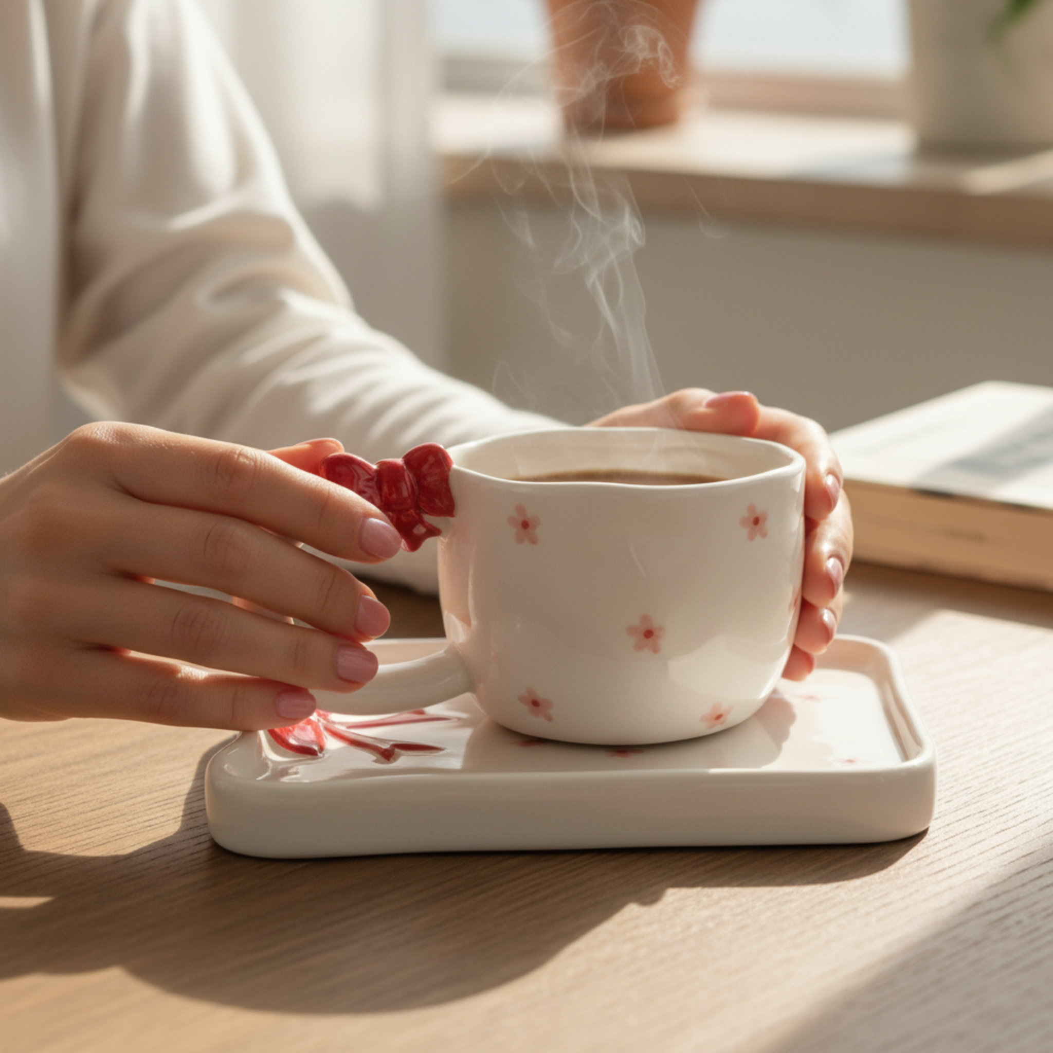 Mug Céramique Coquette Nœud Rouge & Fleurs - Tasse avec Soucoupe Design