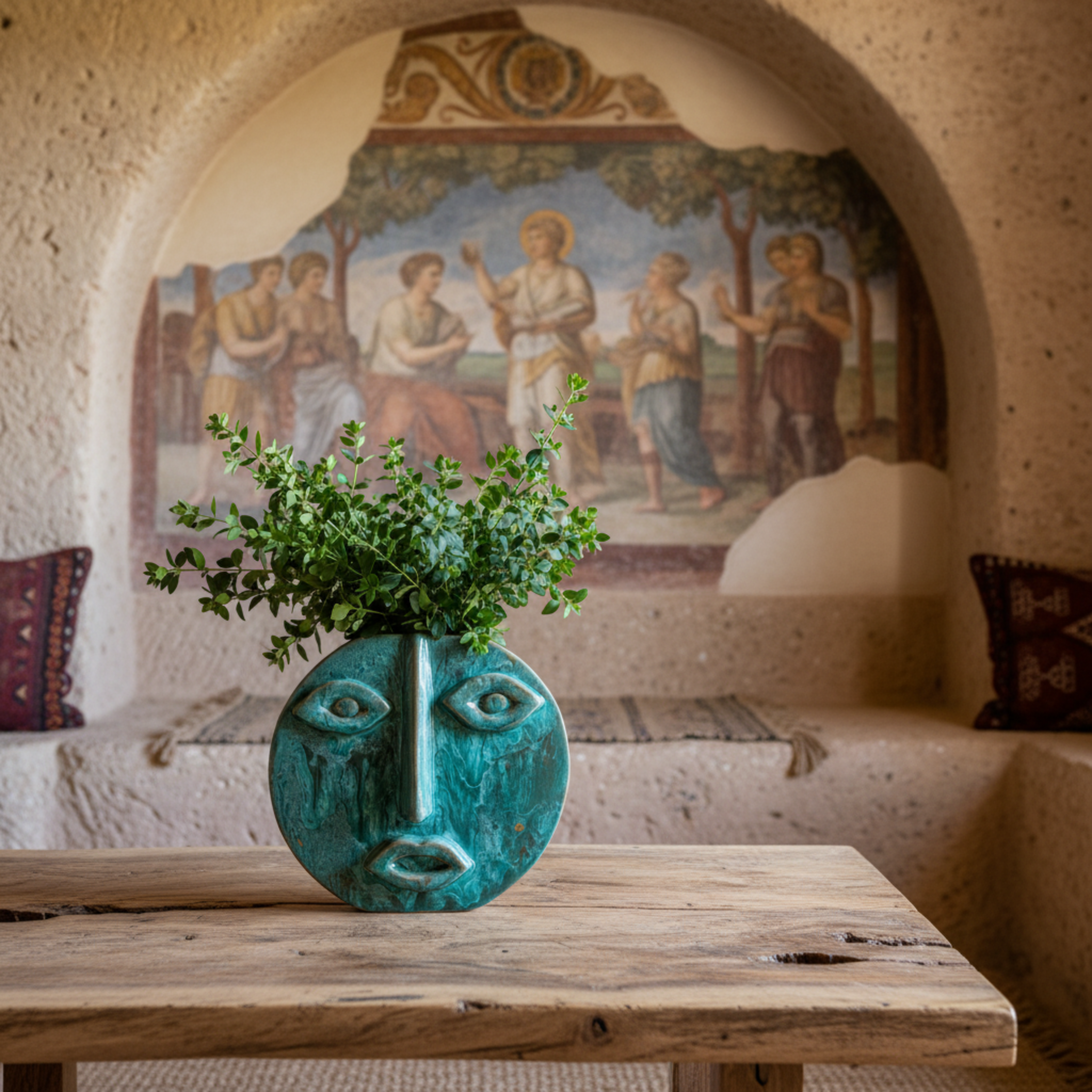 Vase Visage Rond en Céramique – Émail Émeraude Tunisien