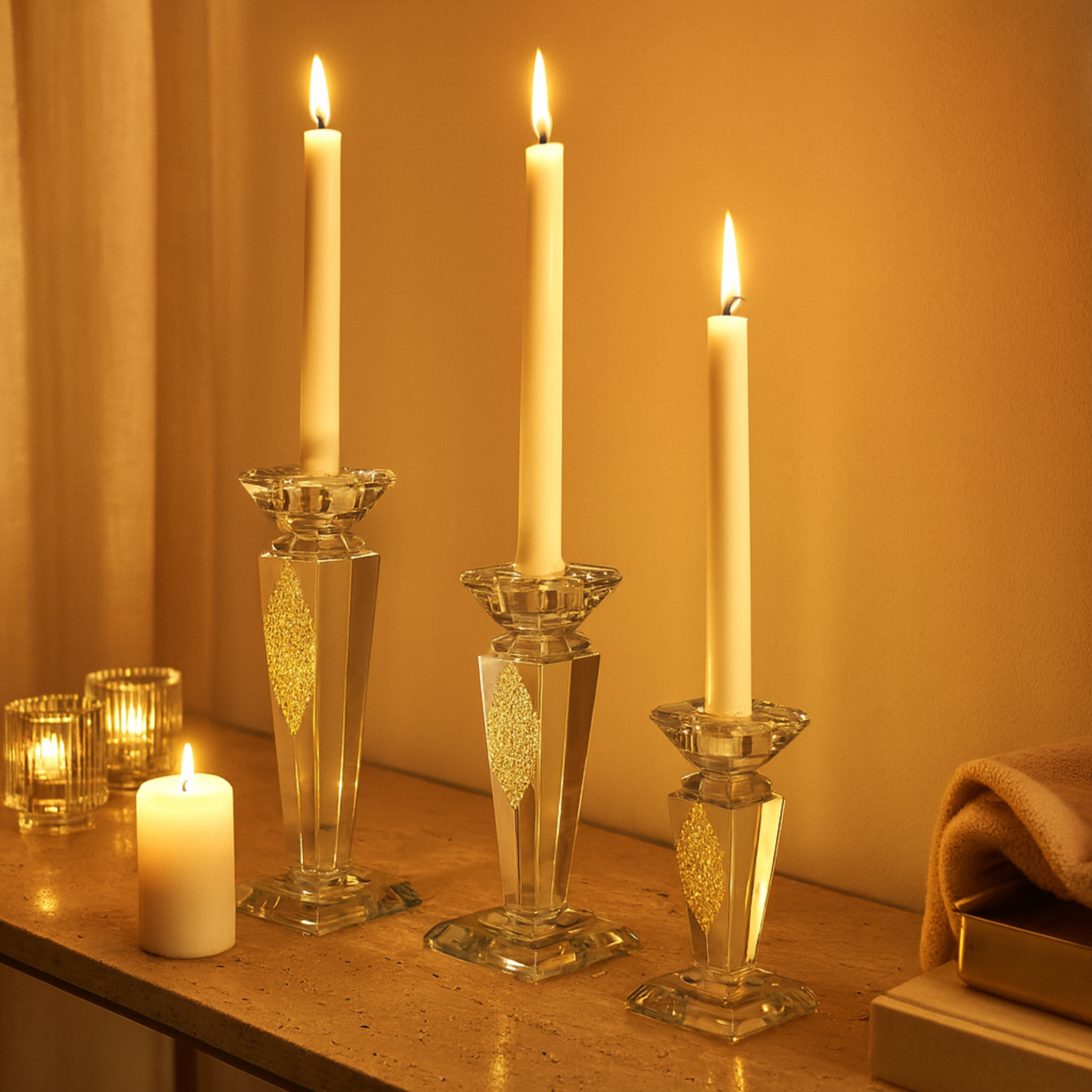 Bougeoirs en Cristal Doré | Lot de 3 | Fiolla Home