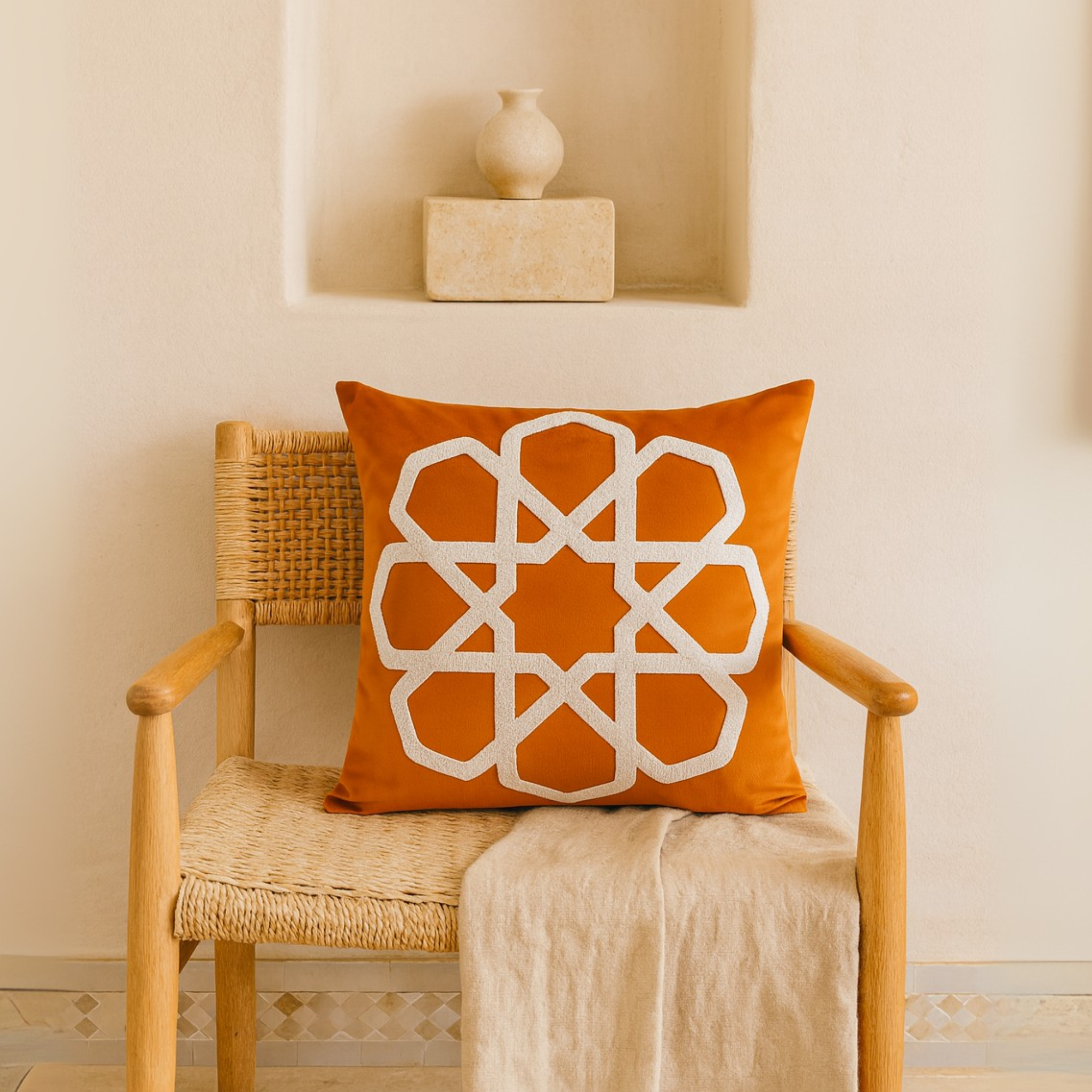 Coussin Orange Tunisie – Étoile Zellige Arabesque | Fiolla Home