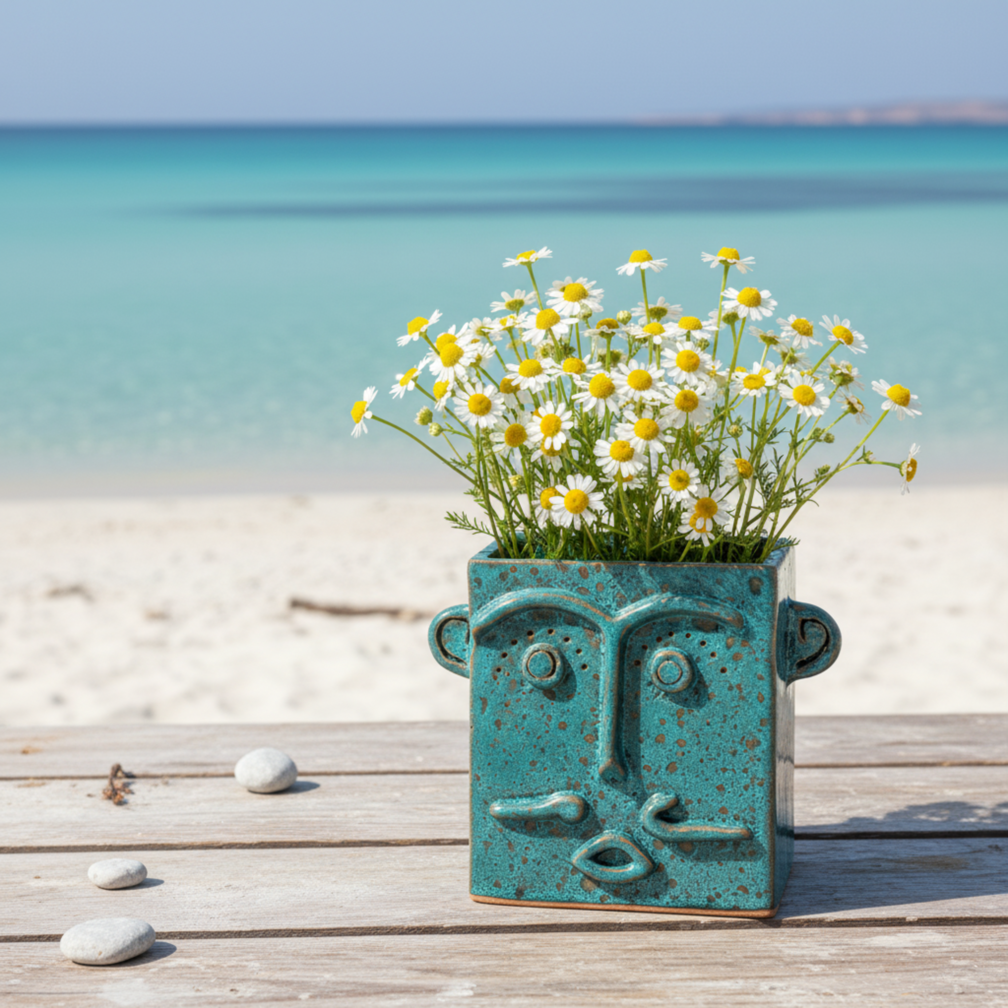 Vase Visage Carré en Céramique – Émail Émeraude Tunisien