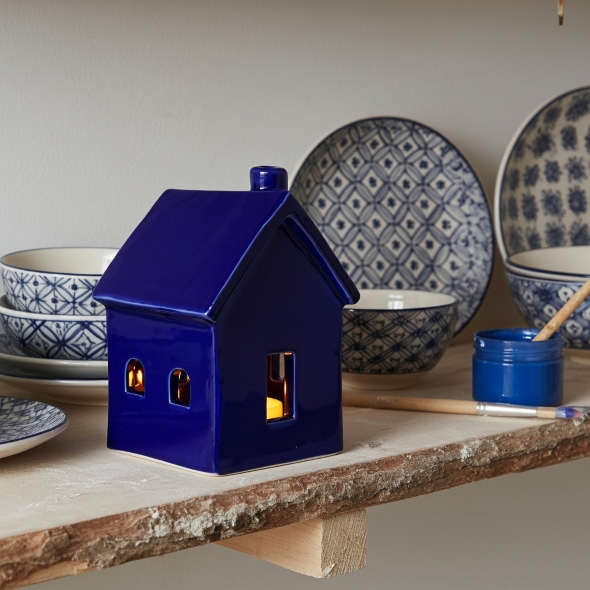 Cache-Bougie Maison en Céramique Bleu Sidi – Lueur Cocooning