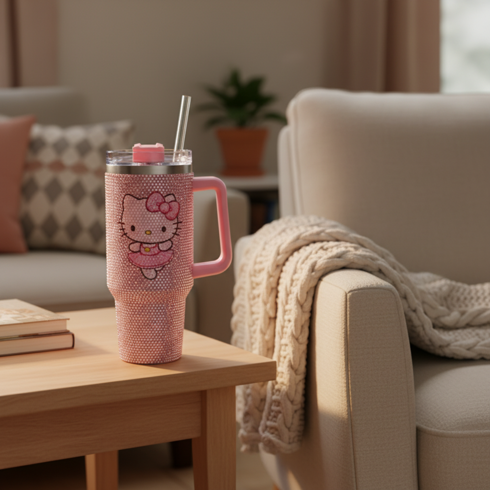 Thermos Hello Kitty Rose avec Paille – Strass Brillant