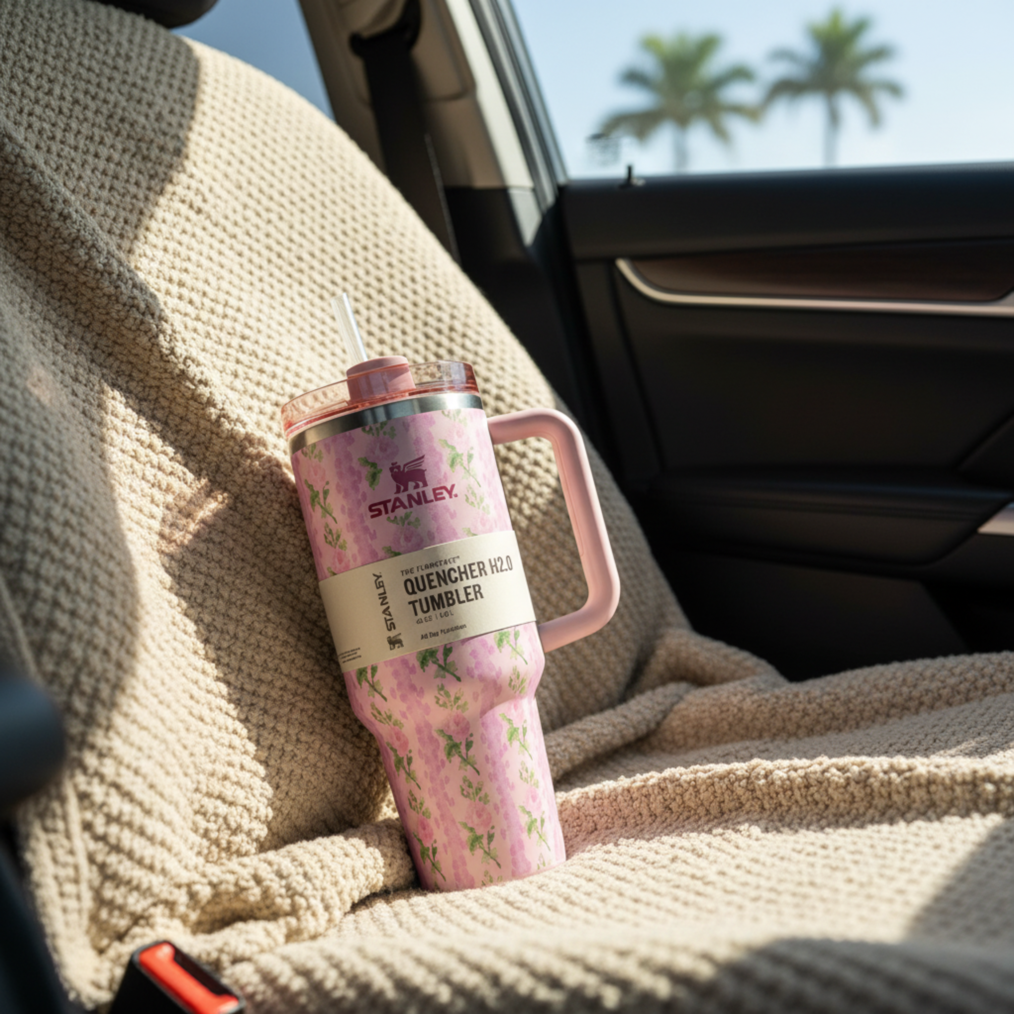 Gobelet Isotherme XXL avec Paille & Poignée - Motif Floral Rose