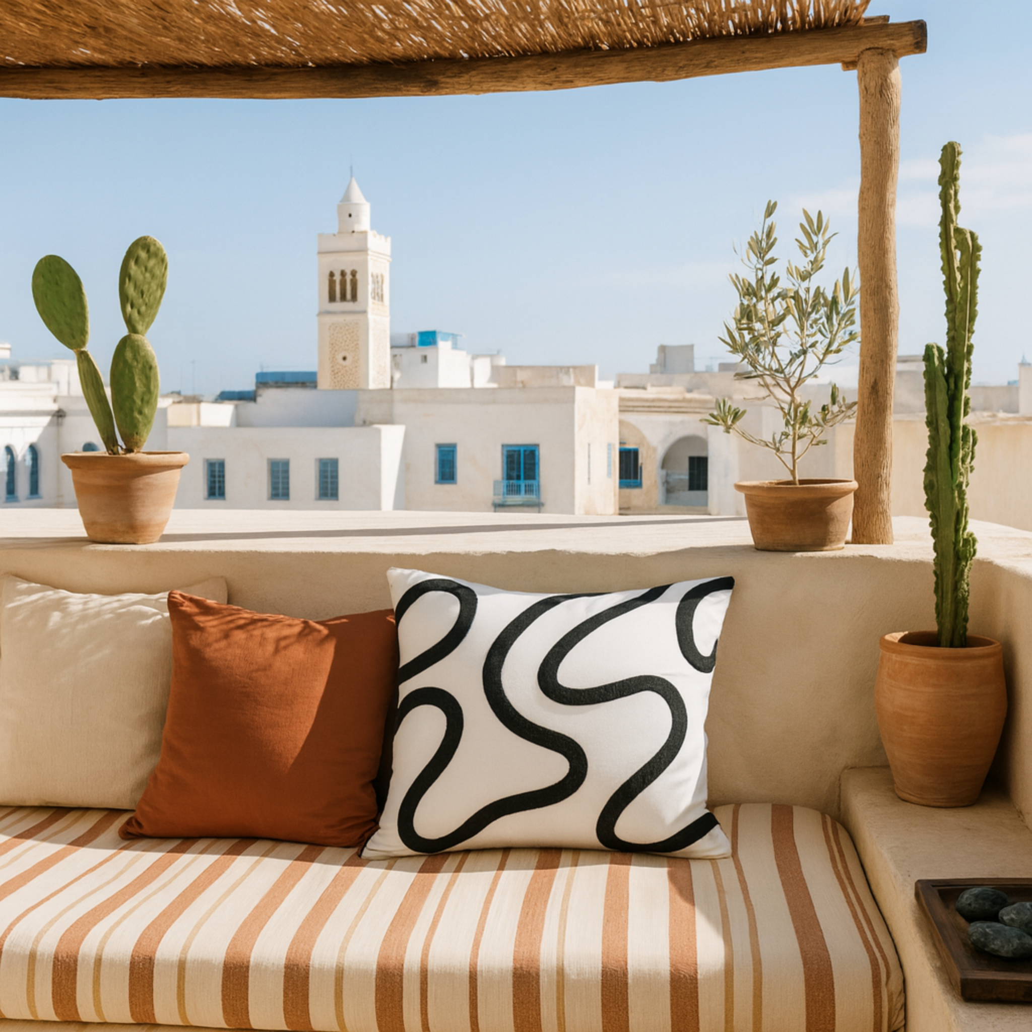 Coussin Moderne Tunisie – Motif Abstrait Noir & Blanc | Fiolla Home