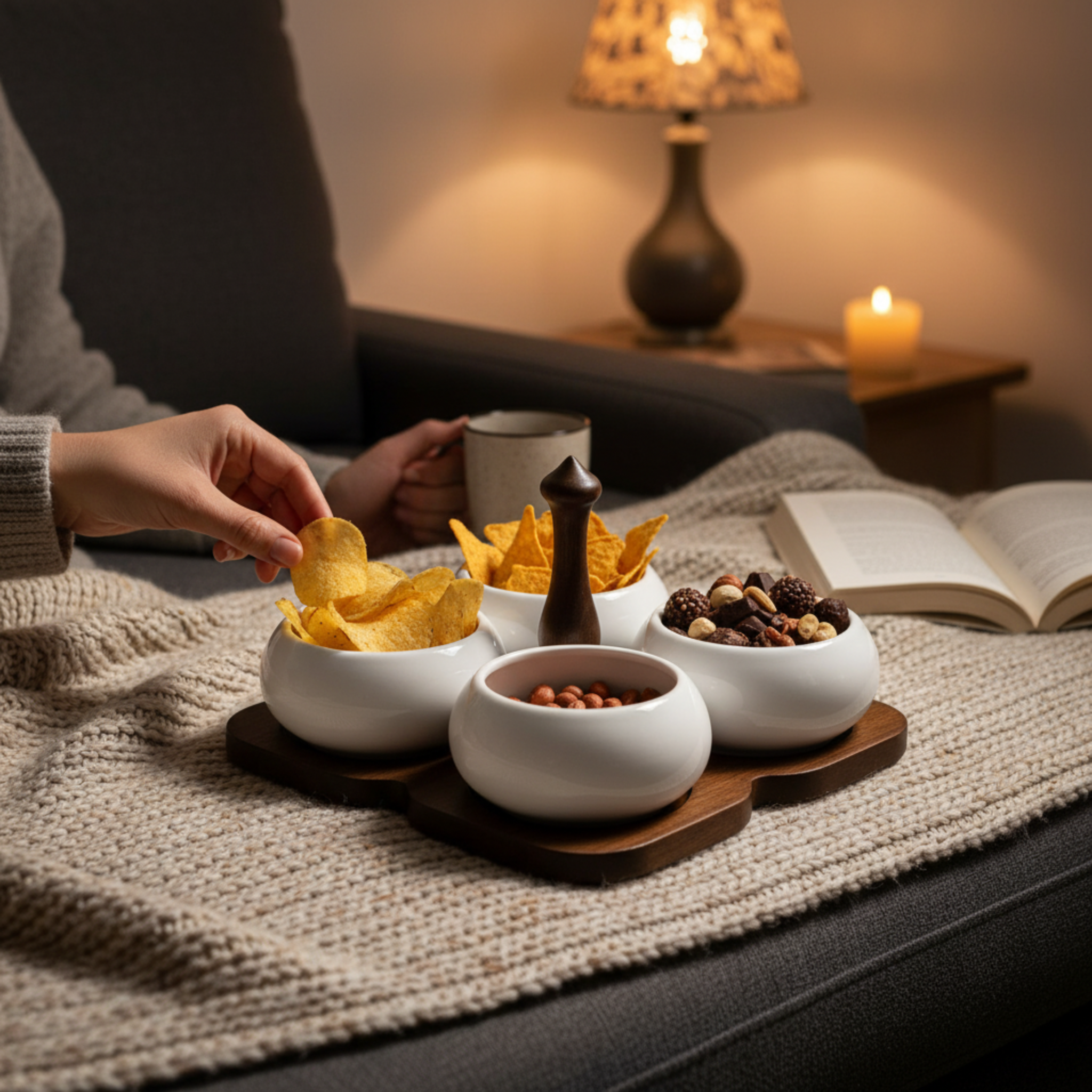 Service Apéritif 4 Bols Céramique & Plateau Bois – Design Élégant