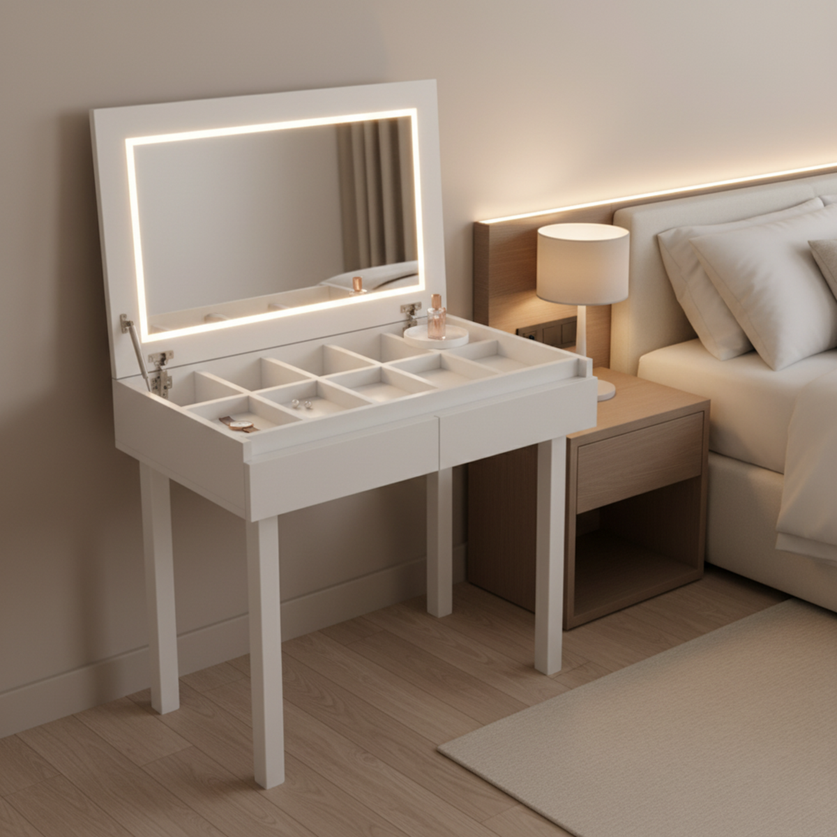 Coiffeuse Bureau 2-en-1 : Miroir LED & Rangement Spacieux - Blanc
