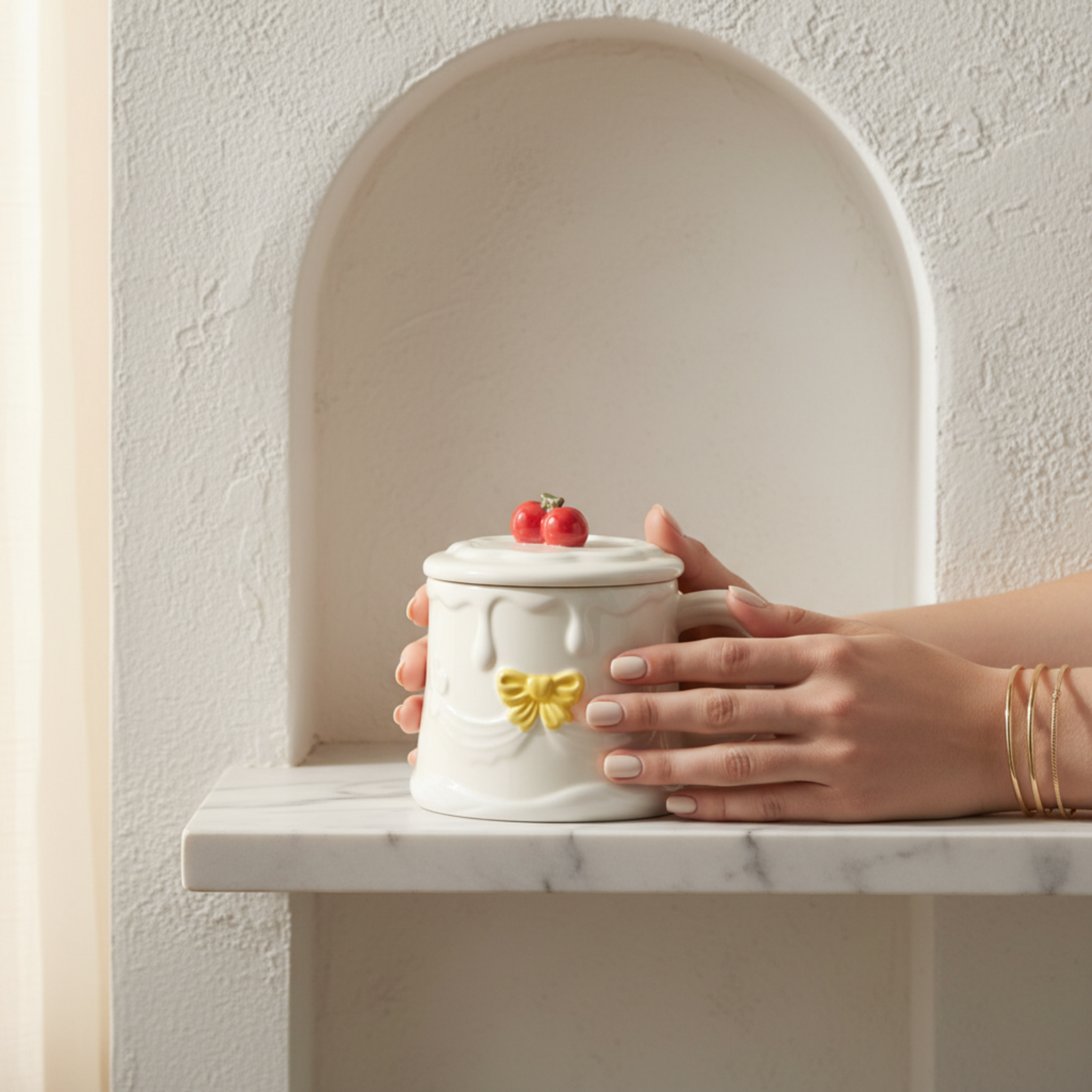 Mug Gâteau Blanc & Nœud Jaune avec Couvercle Cerise – Déco & Cadeau