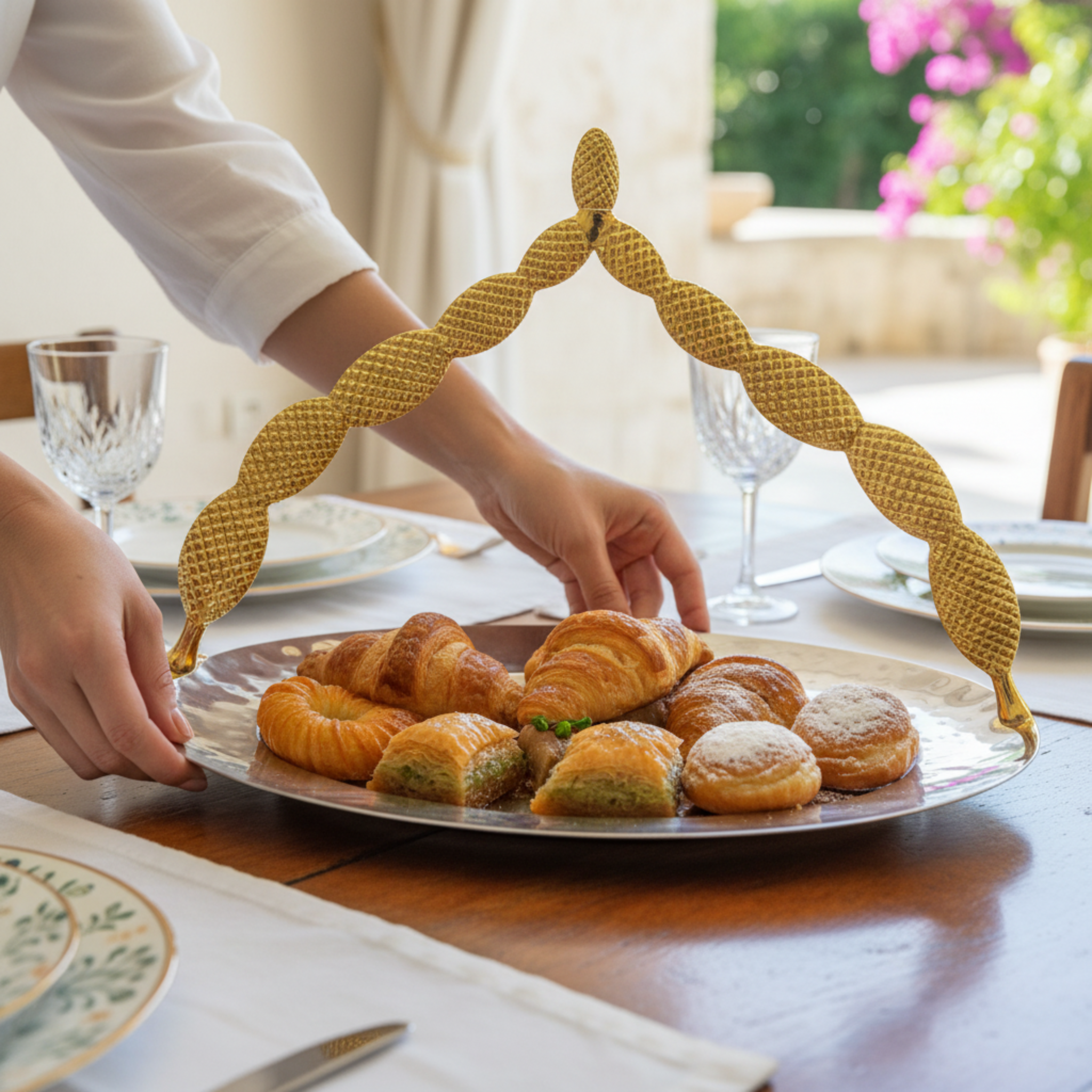 Plateau de Service Rond - Anse Cuivre Indien Doré & Inox Premium